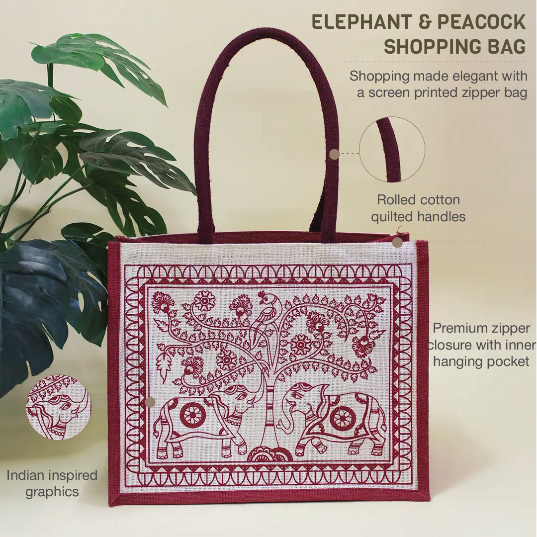 Elephant & Peacock Zipper Shopping Bag