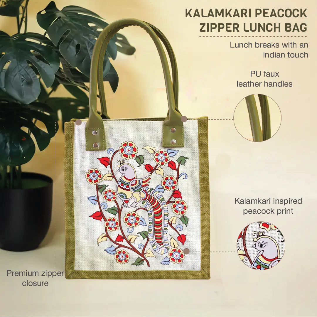 Kalamkari Peacock Print Lunch bag