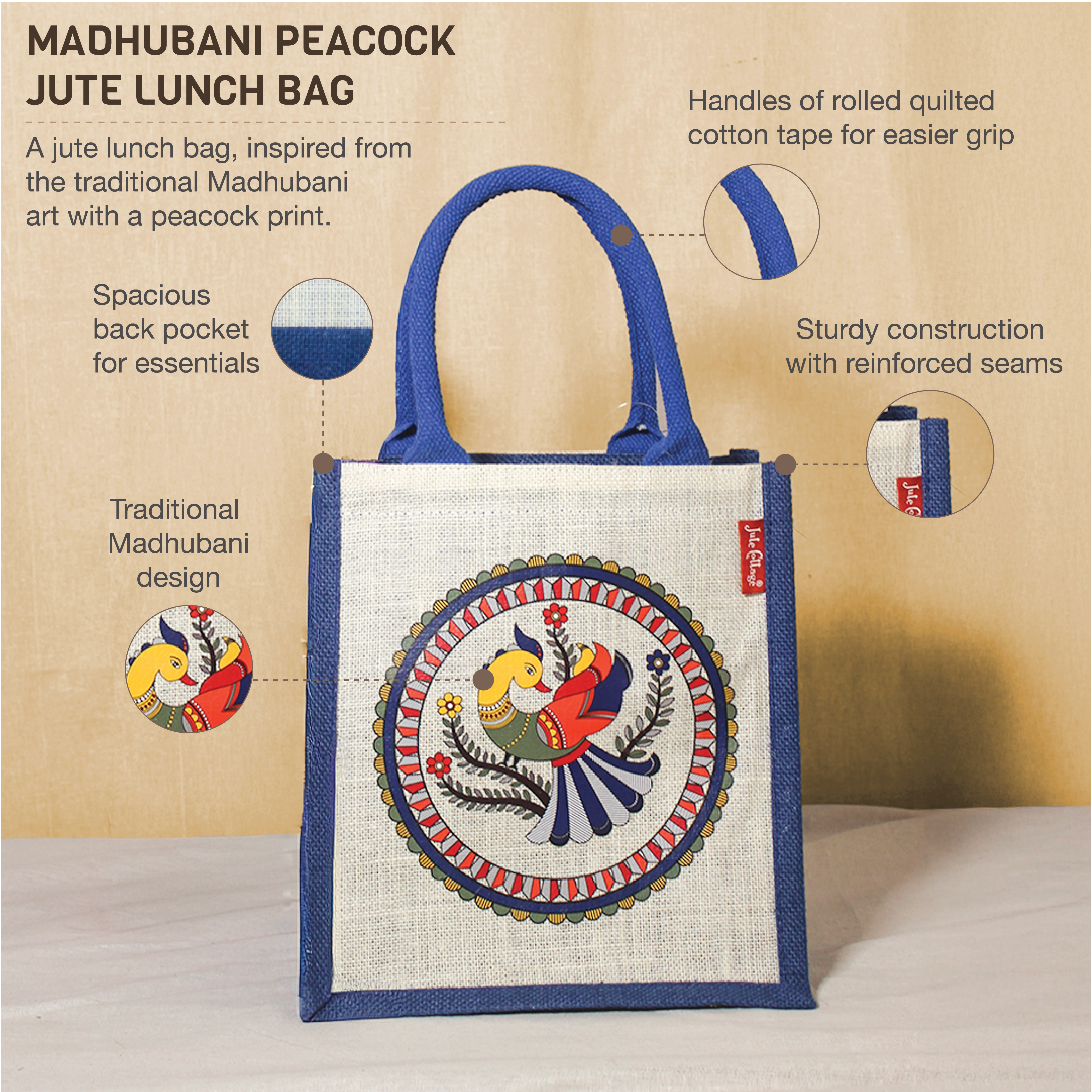 Madhubani Peacock Jute lunch bag