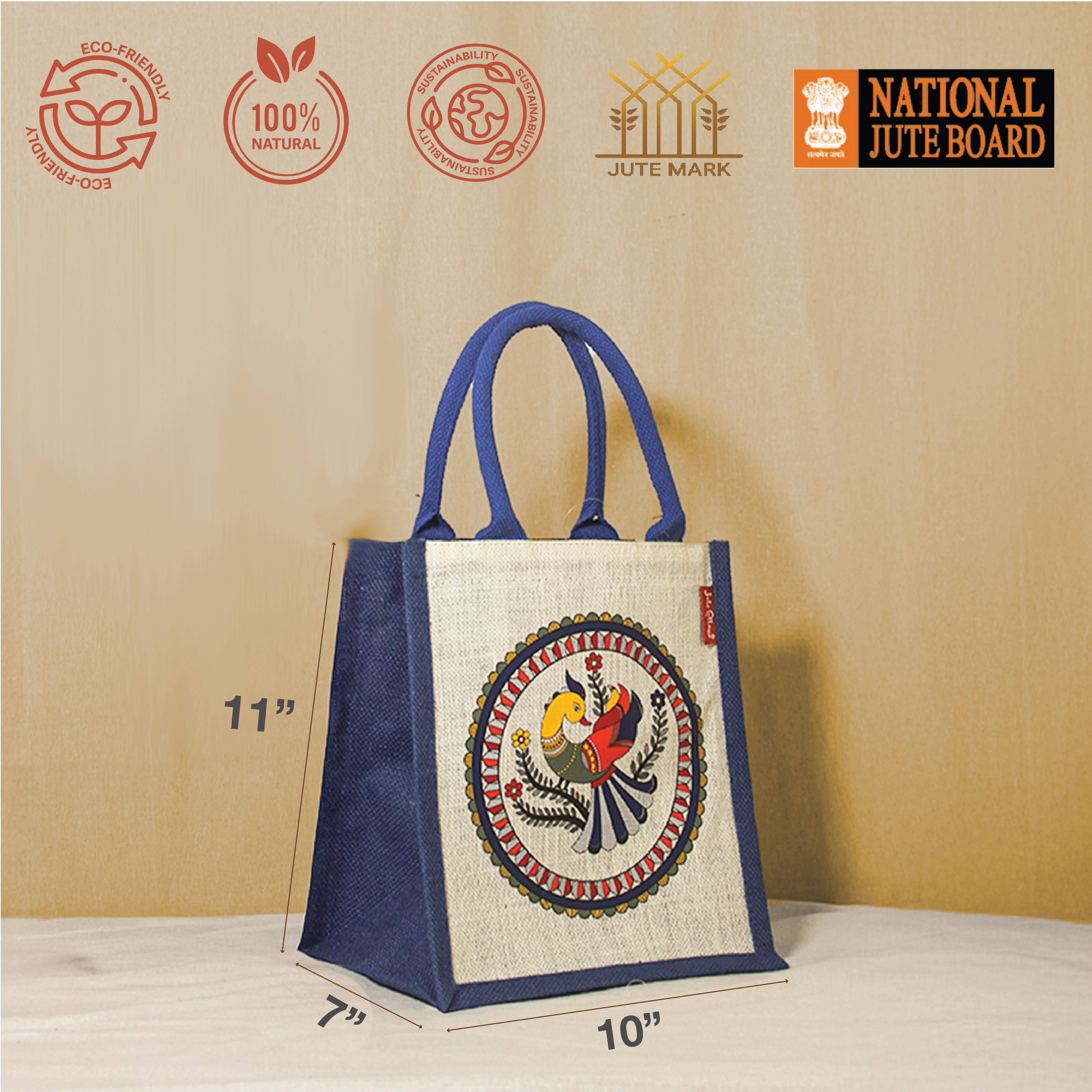 Madhubani Peacock Jute lunch bag