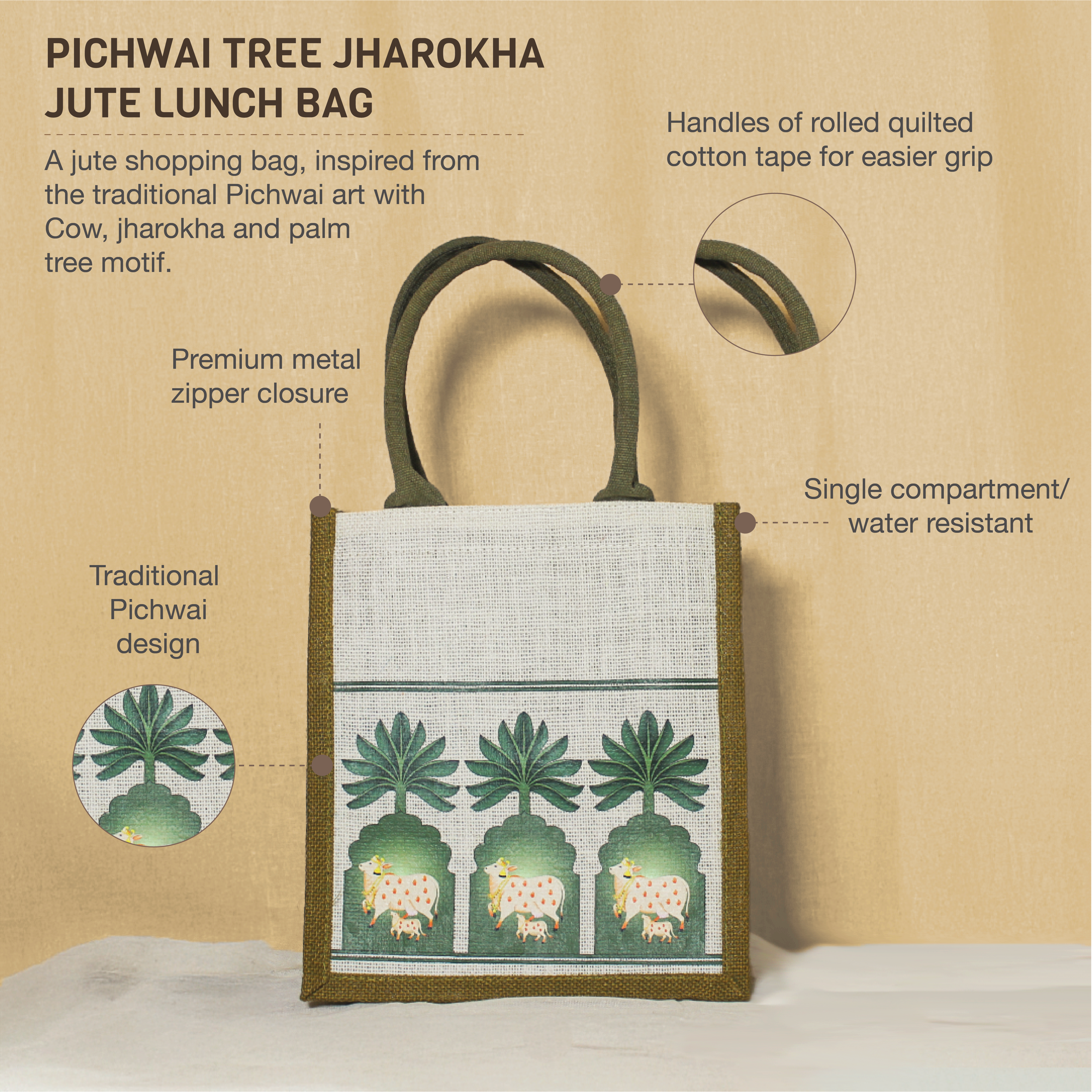 Pichwai Tree Jharokha Jute lunch bag