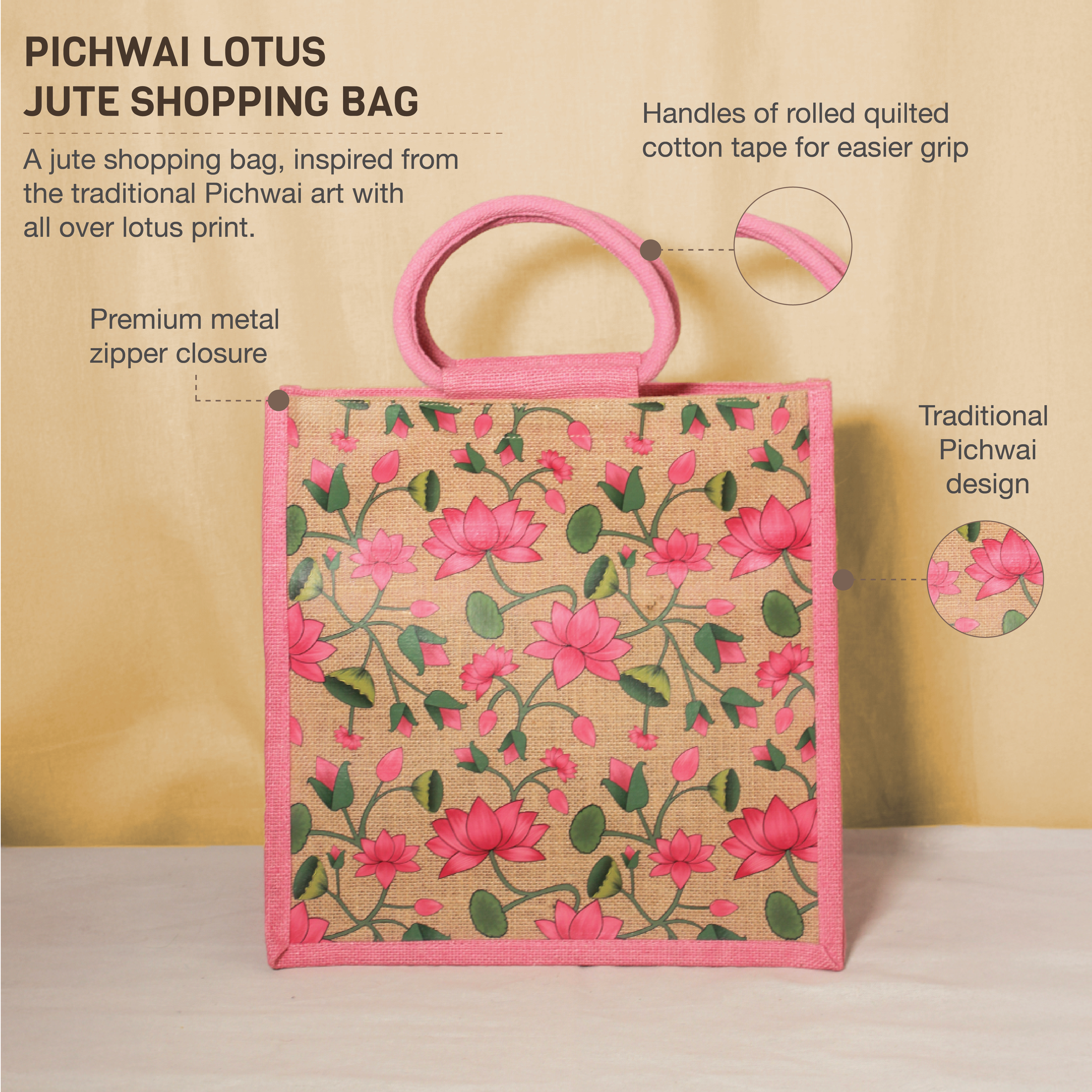 Pichwai Lotus Jute Shopping Bag