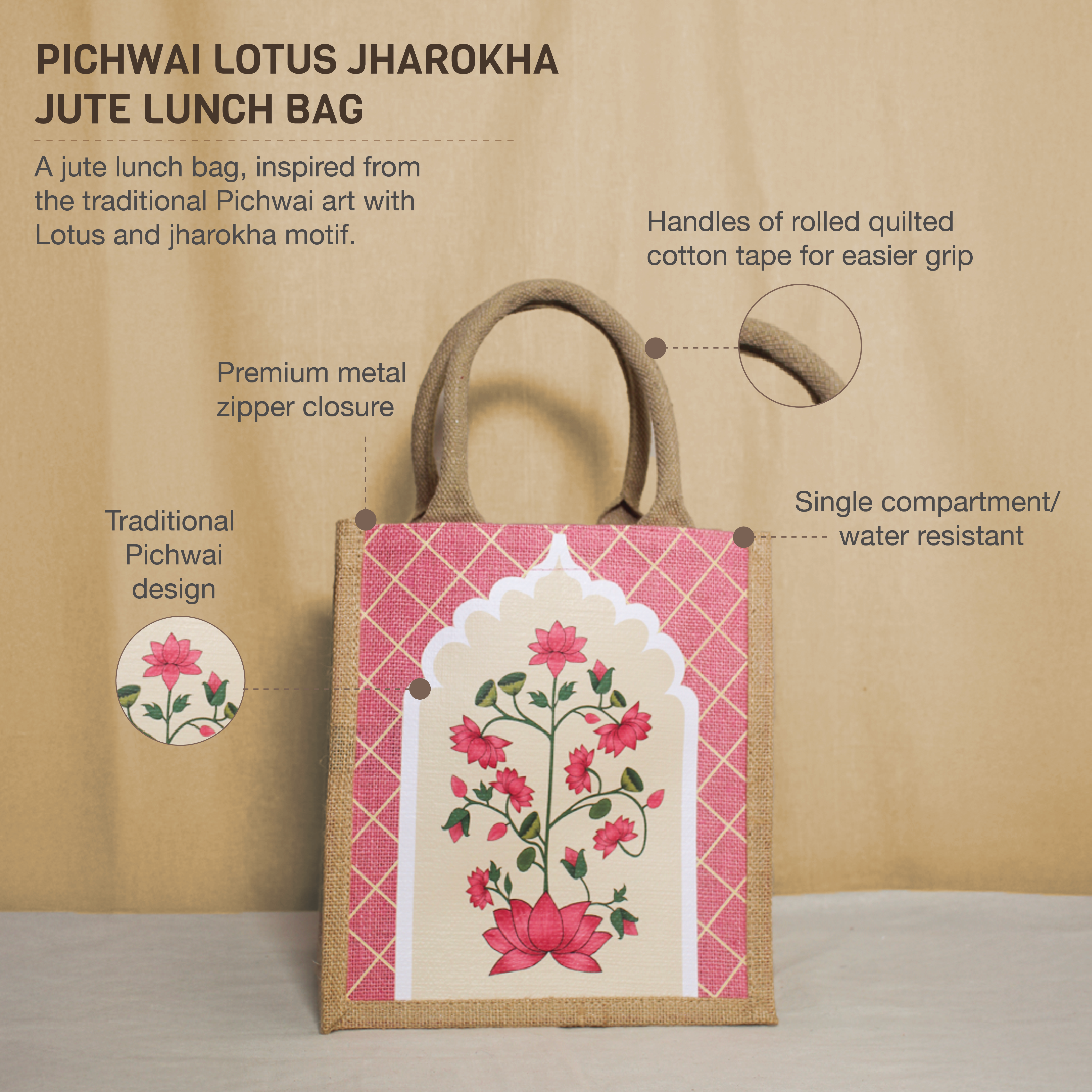 Pichwai Lotus Jharokha Jute Lunch bag