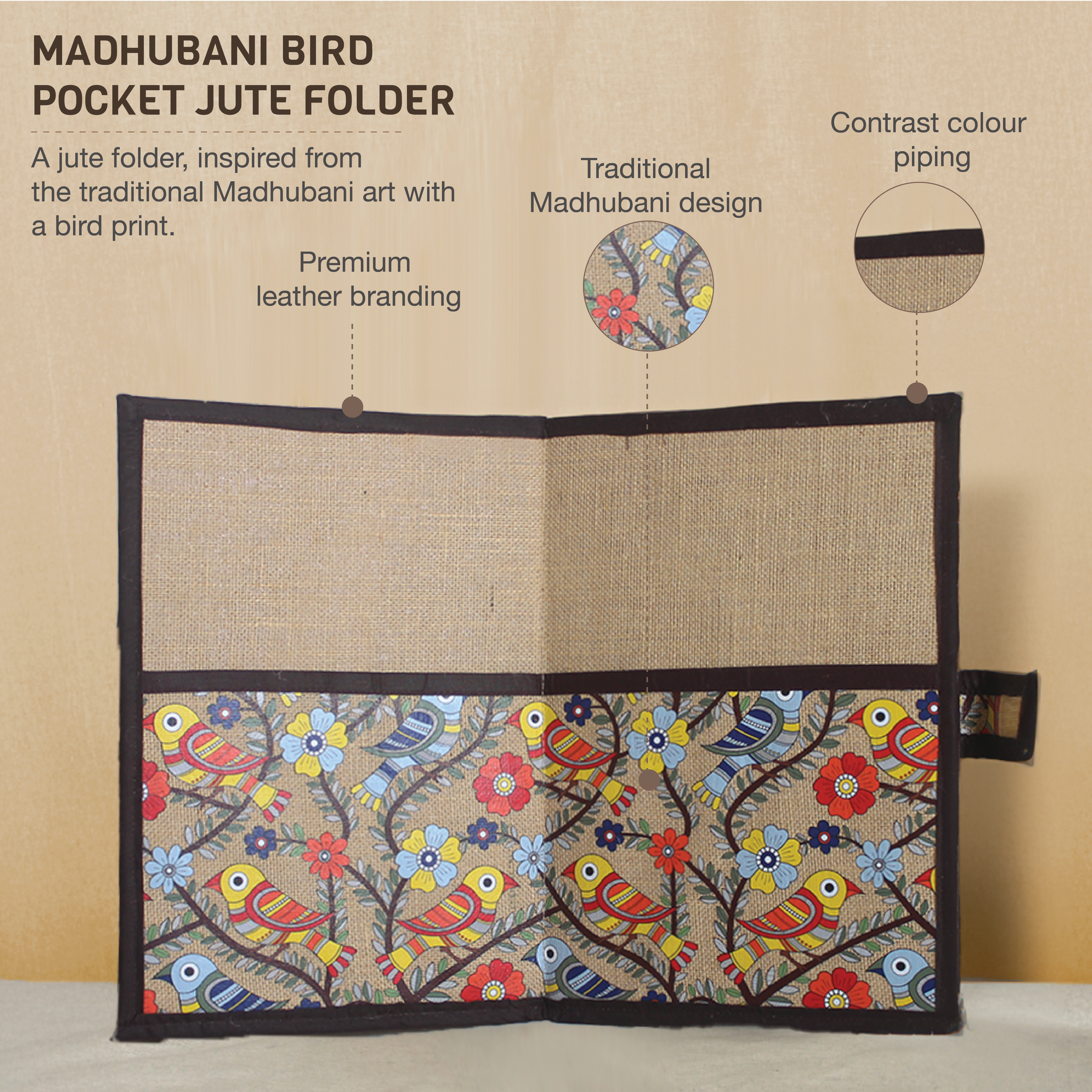 Madhubani Bird pocket Jute folder