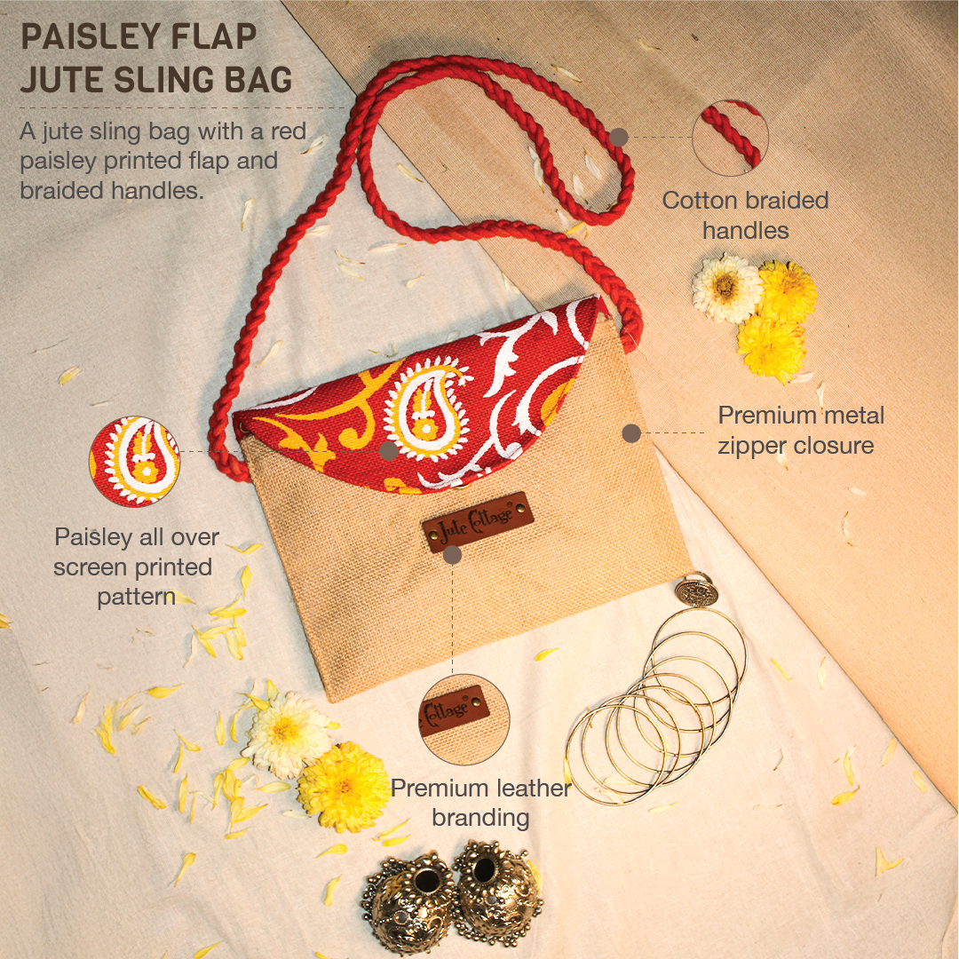 Paisley flap jute sling bag