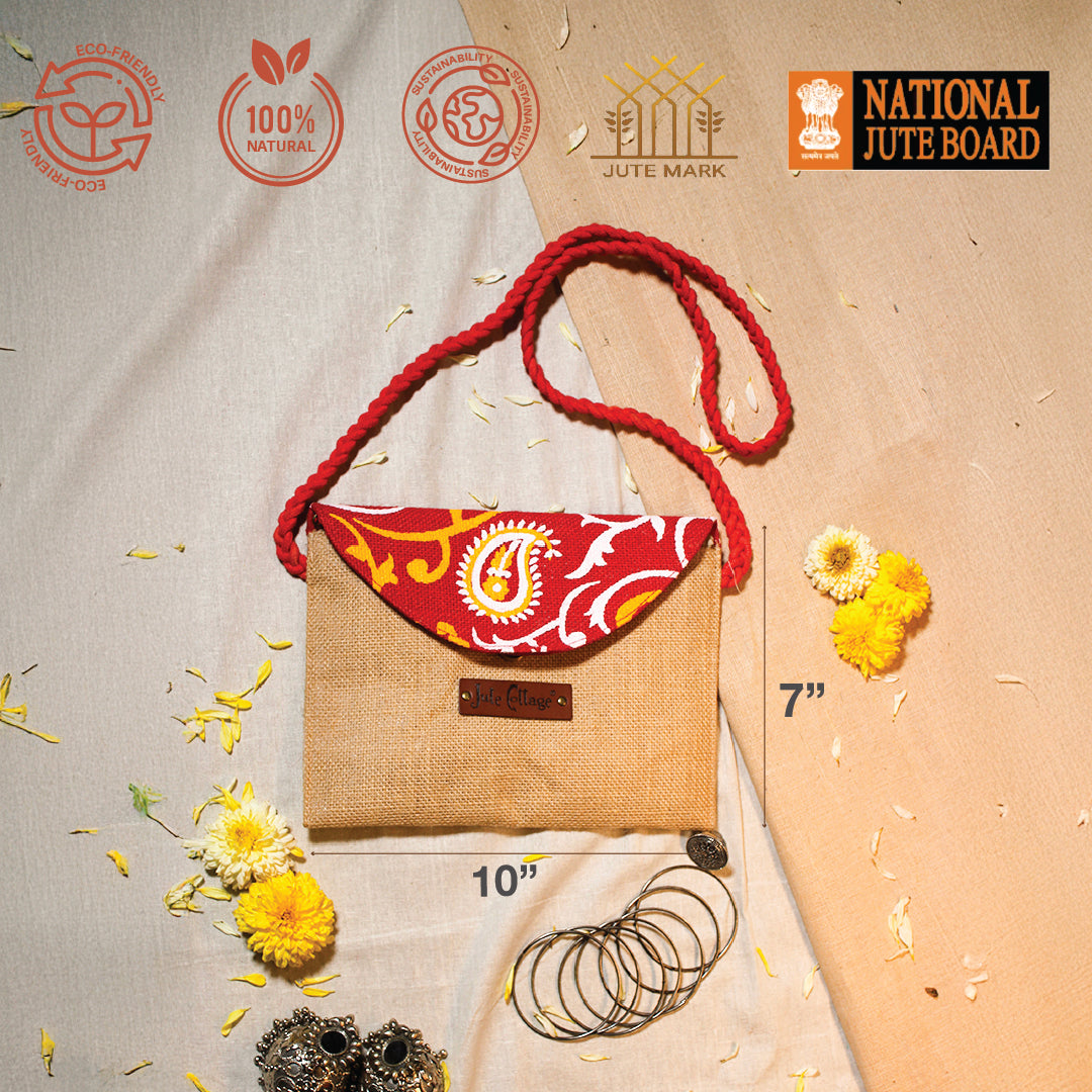 Paisley flap jute sling bag
