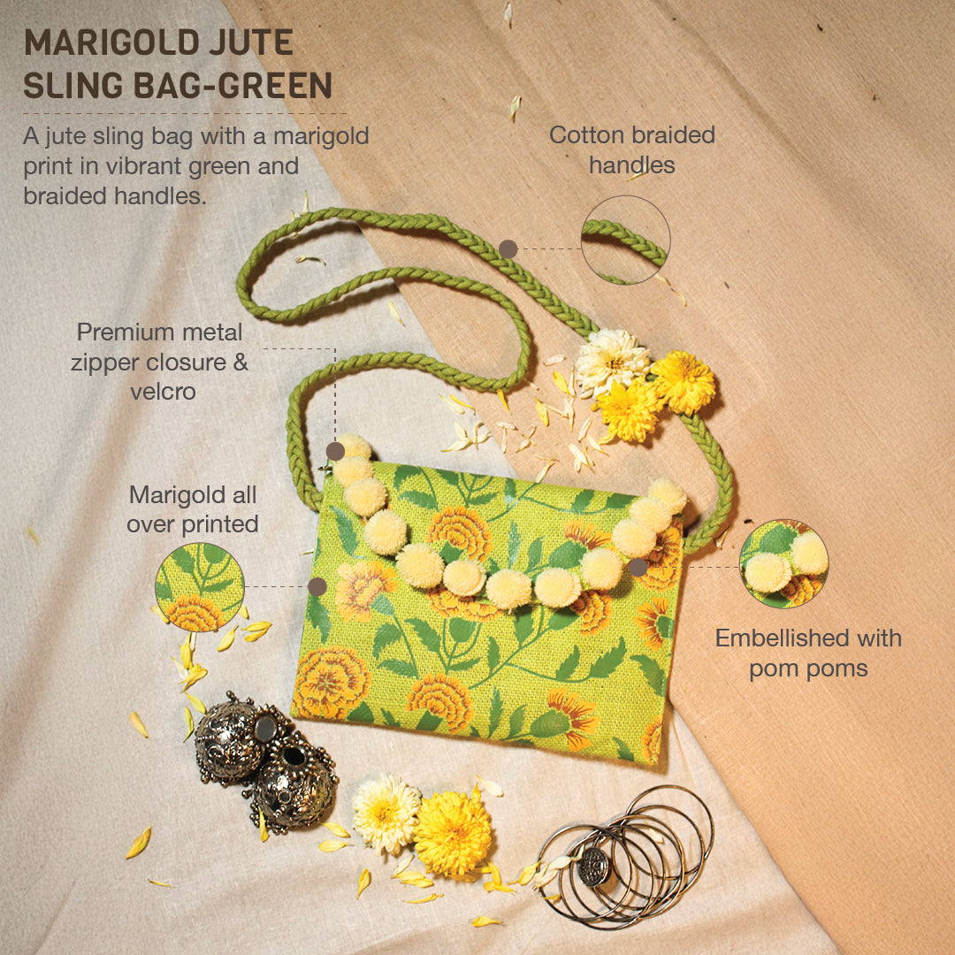 Marigold jute sling bag-green