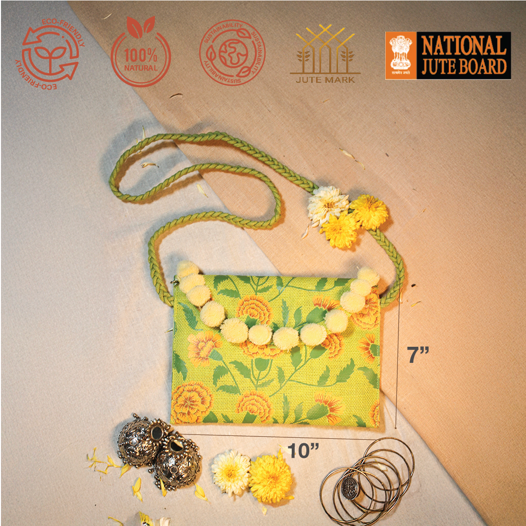 Marigold jute sling bag-green