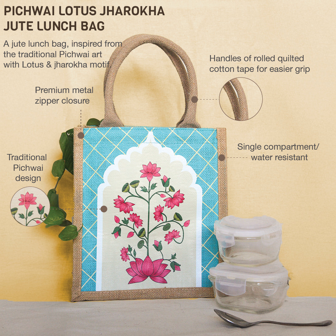 Pichwai Lotus Jharokha Jute Lunch bag