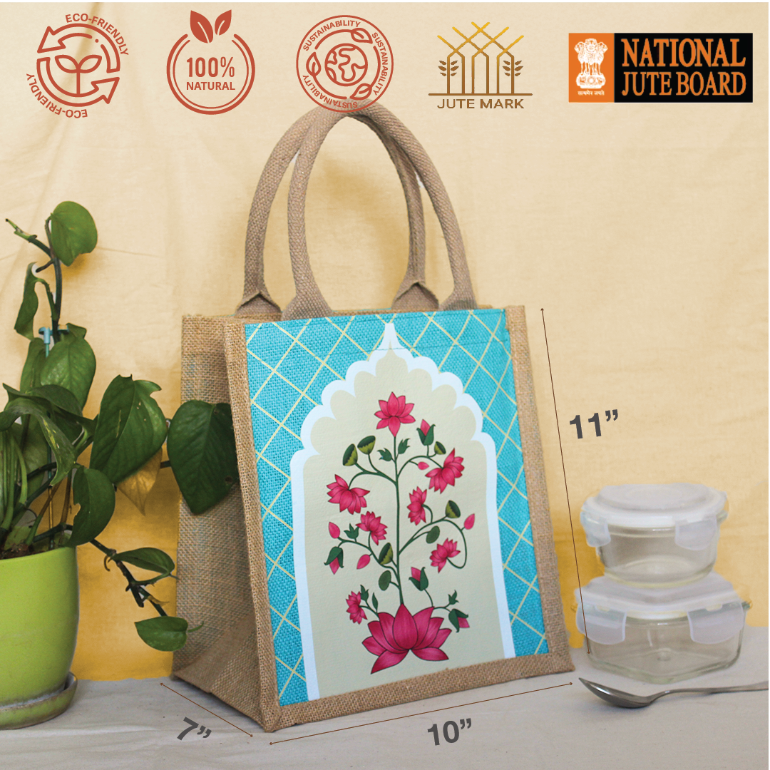 Pichwai Lotus Jharokha Jute Lunch bag