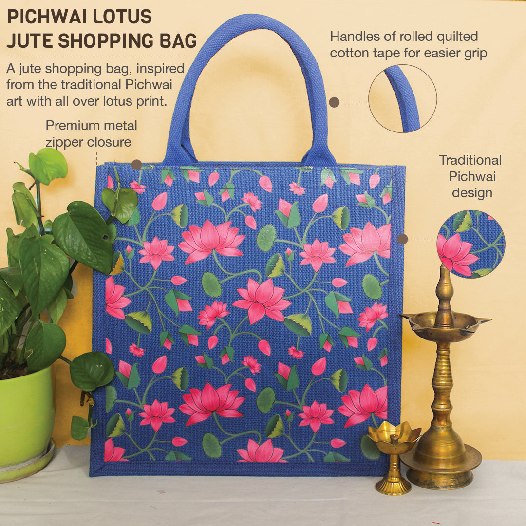 Pichwai Lotus Jute Shopping Bag