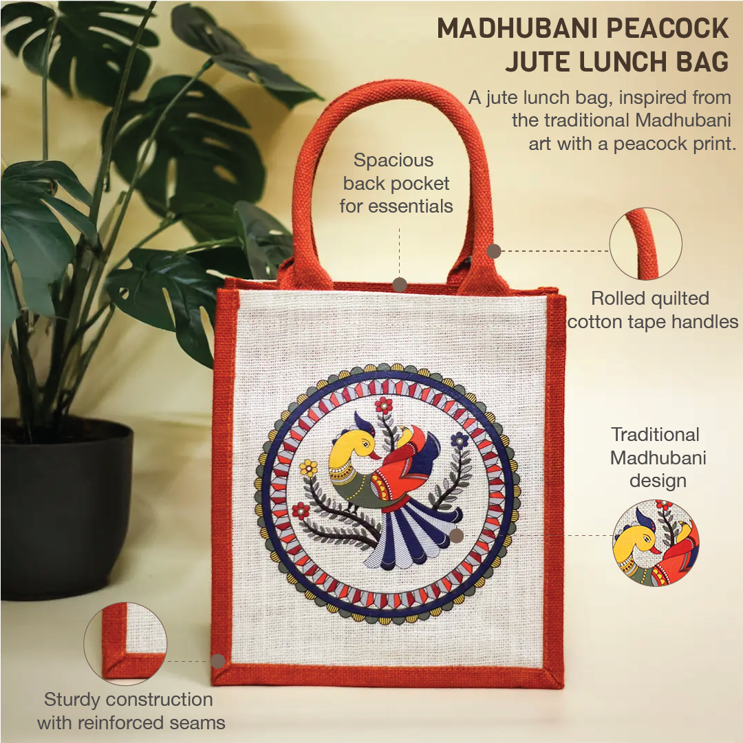 Madhubani Peacock Jute lunch bag