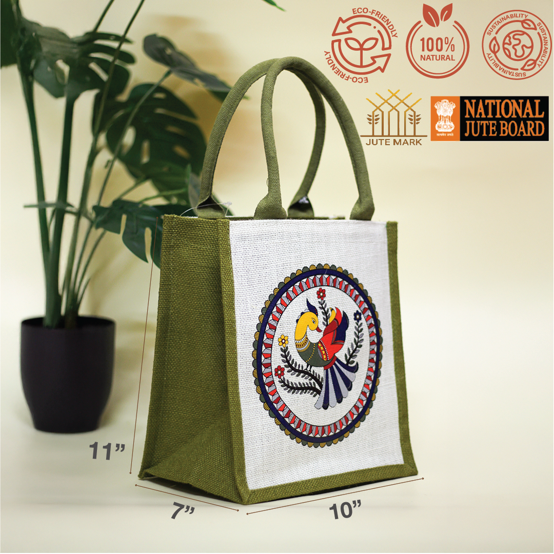 Madhubani Peacock Jute lunch bag