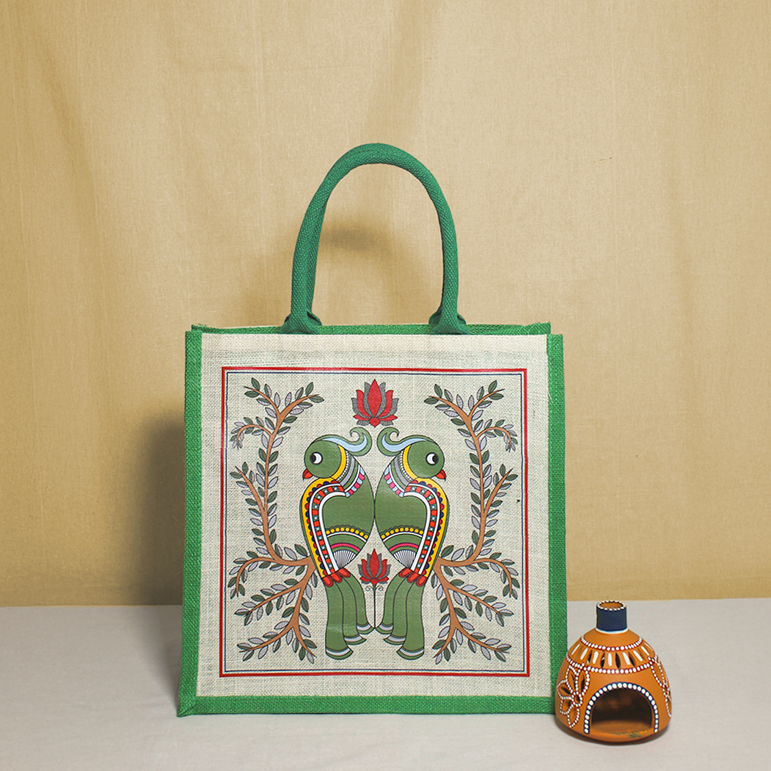 Madhubani Parrot Jute Shopping bag