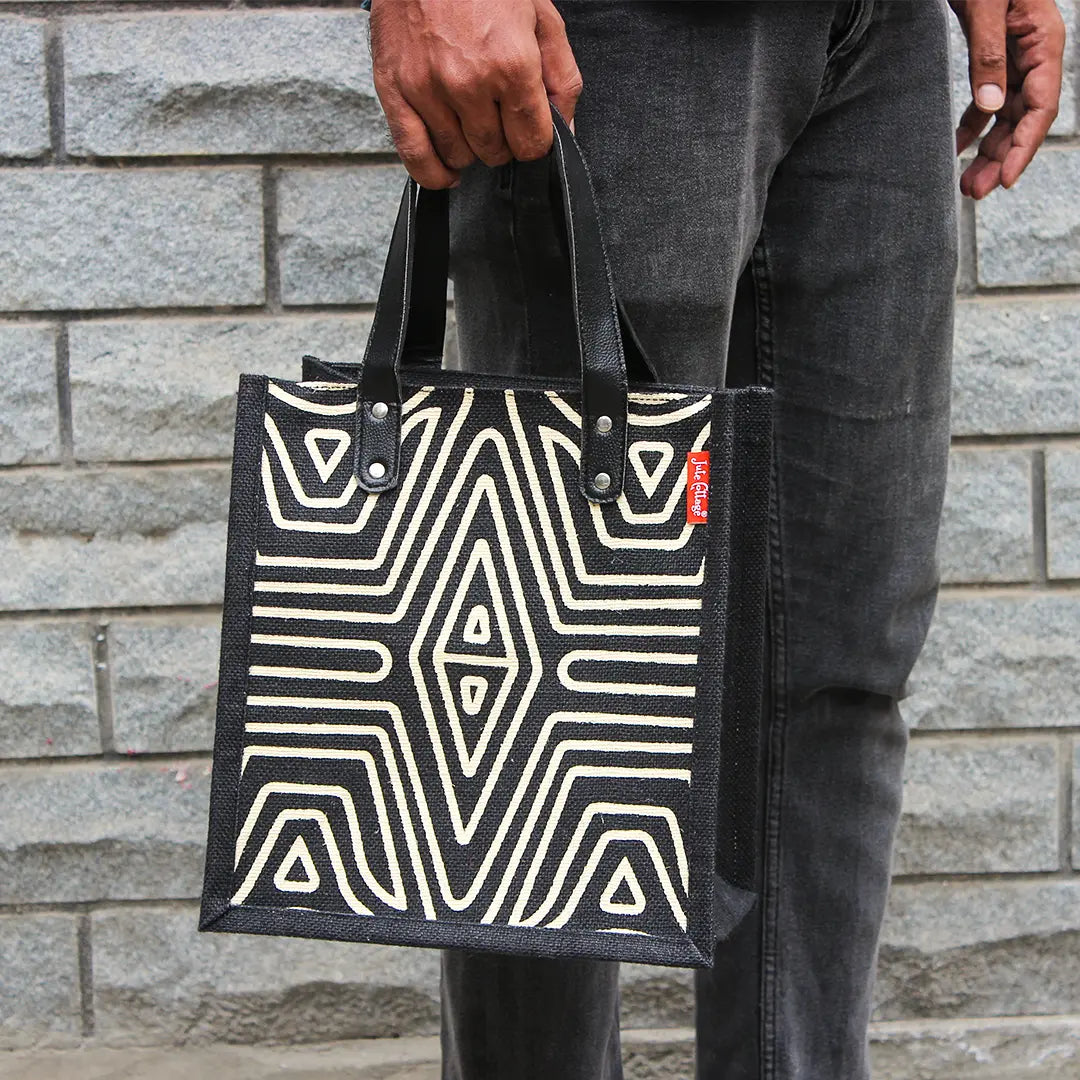 Geometric Lines Jute Lunch bag