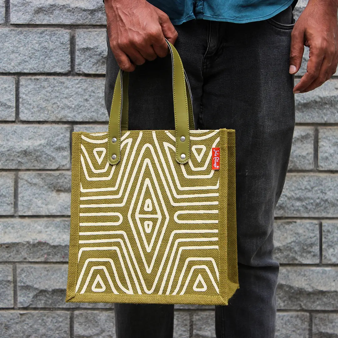 Geometric Lines Jute Lunch bag