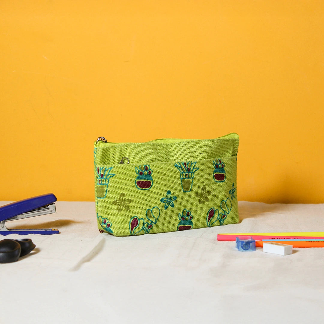 Plant print jute pencil pouch