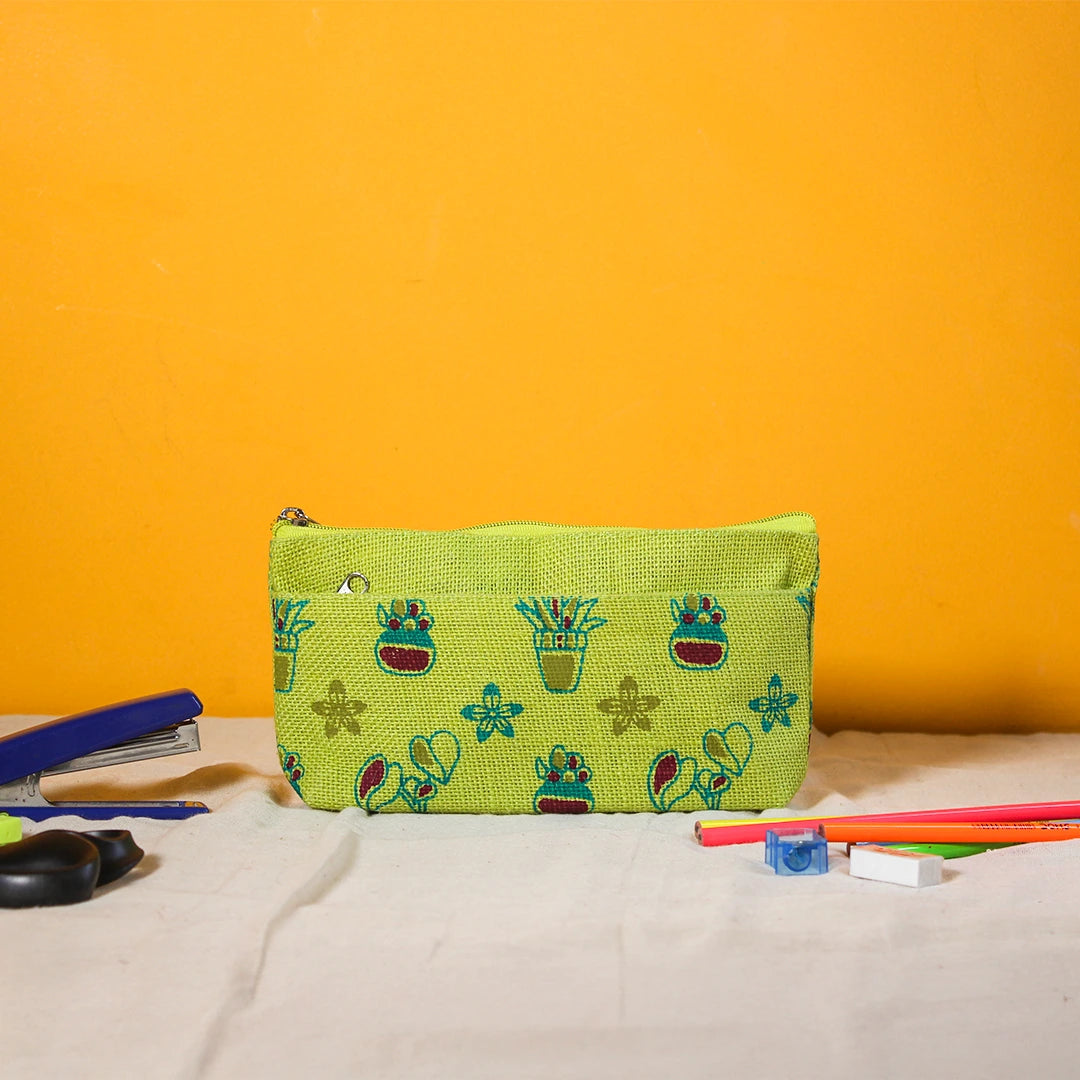 Plant print jute pencil pouch