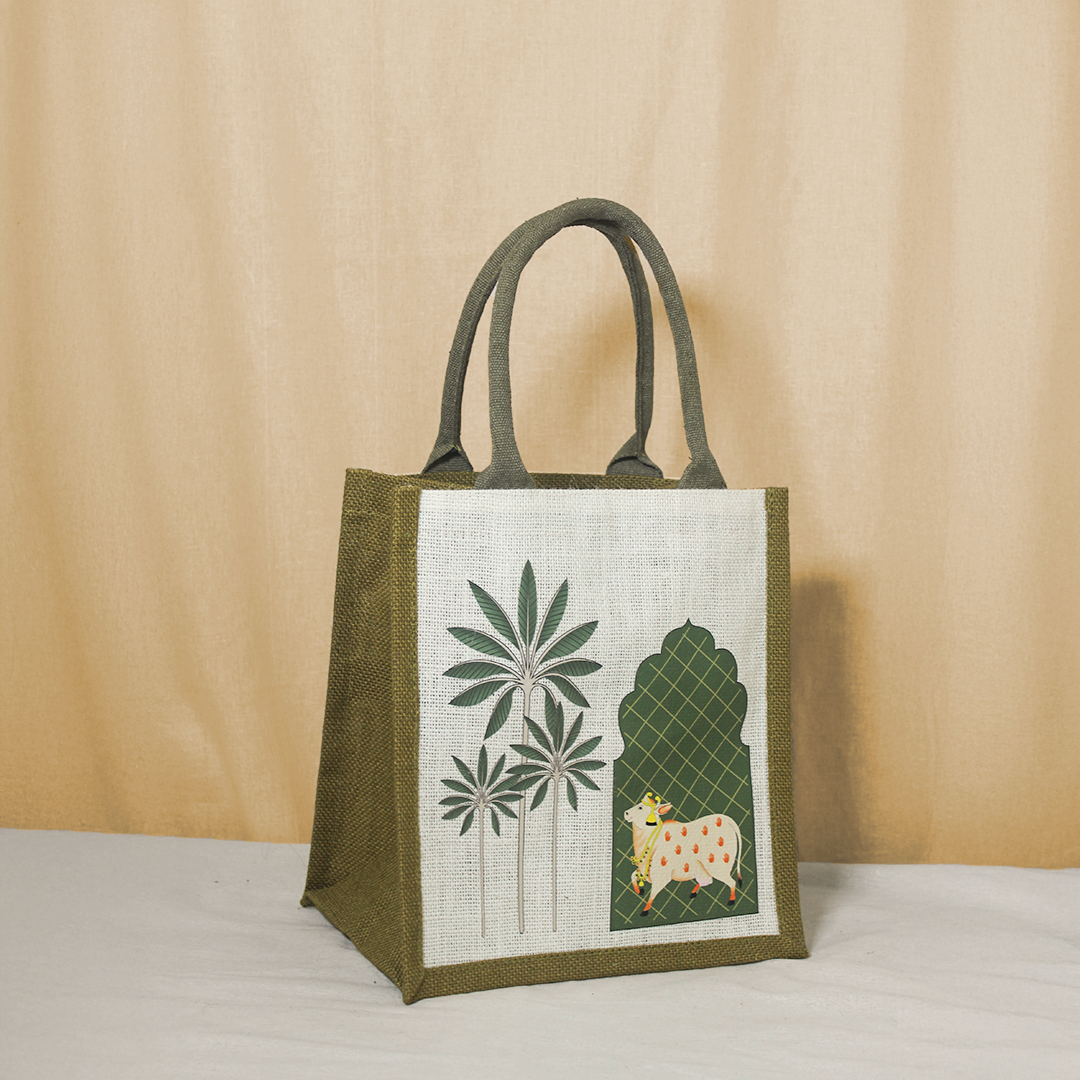 Pichwai Palm tree jute lunch bag