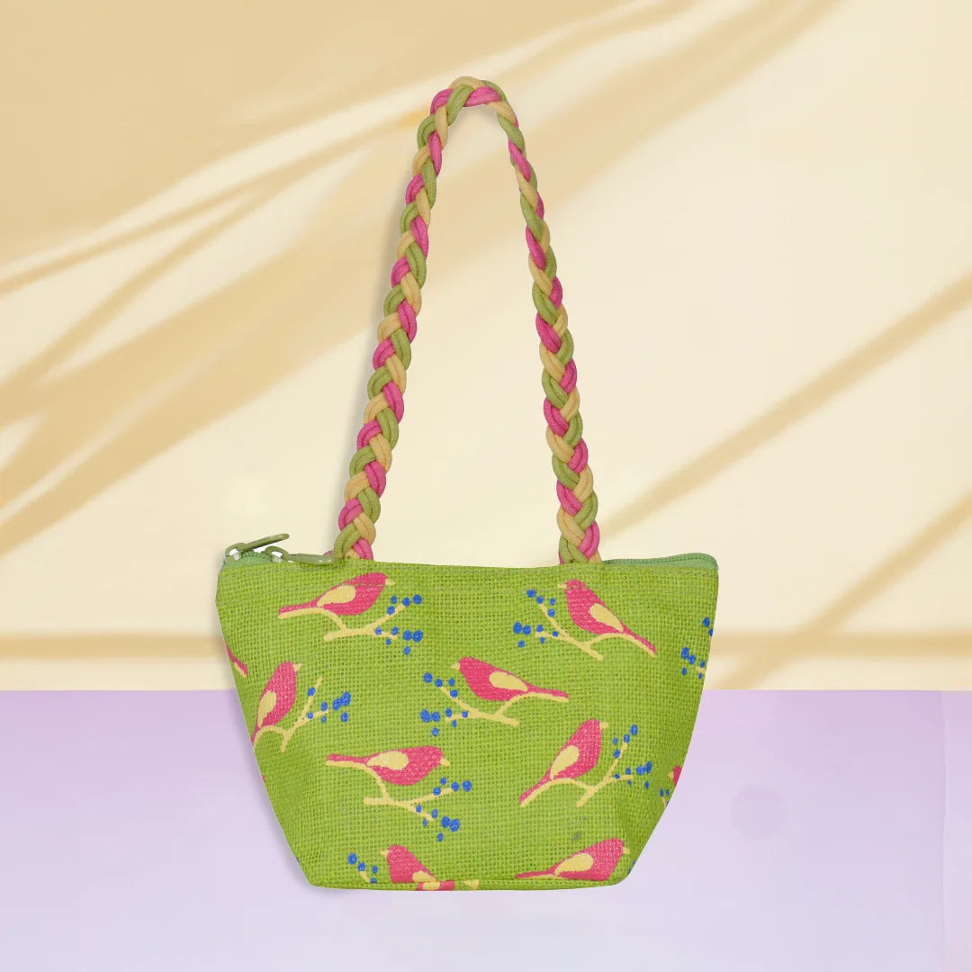 Bird print Mini Wristlet jute bag(D-lock)