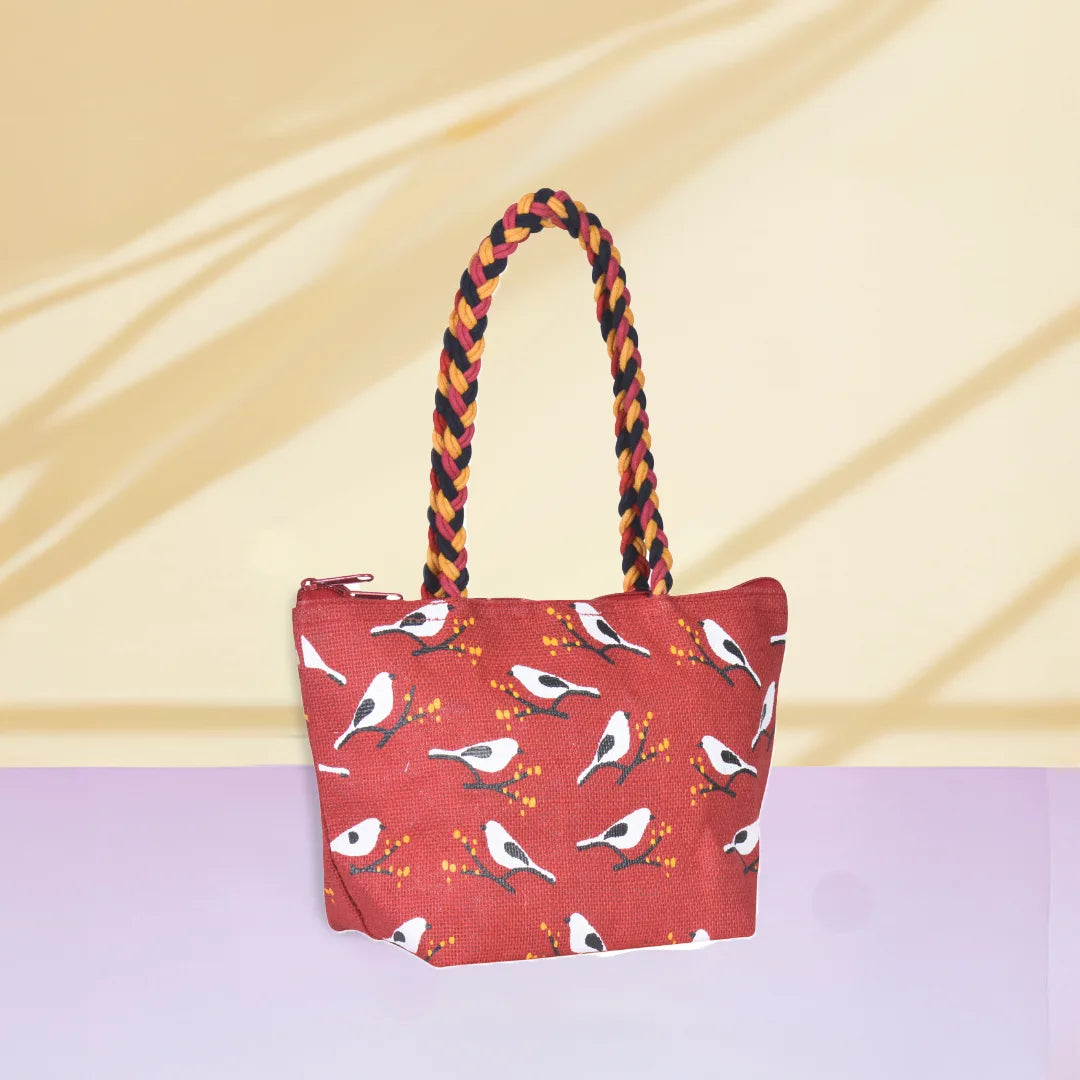 Bird print Mini Wristlet jute bag large(D-lock)