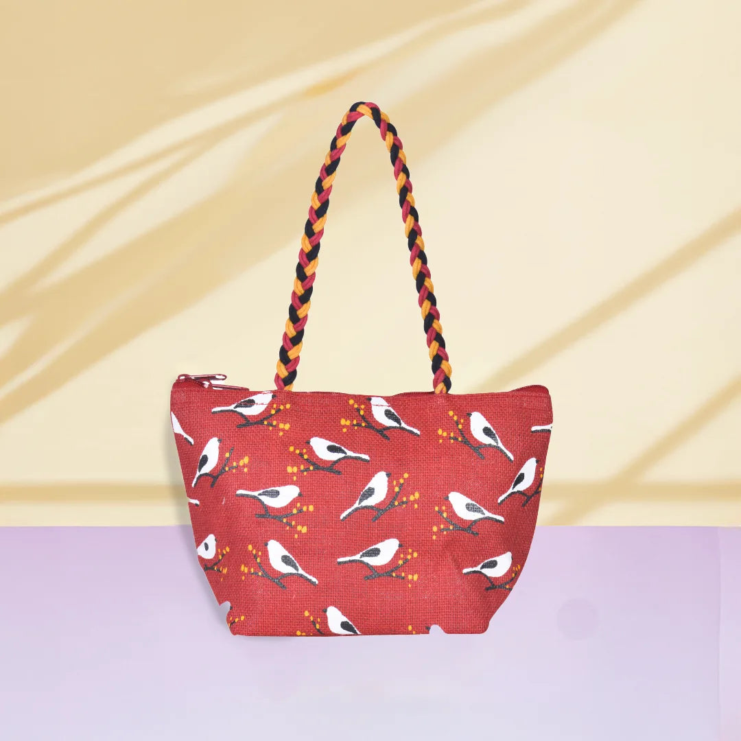 Bird print Mini Wristlet jute bag large(D-lock)