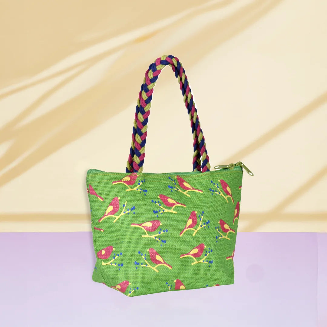 Bird print Mini Wristlet jute bag large(D-lock)