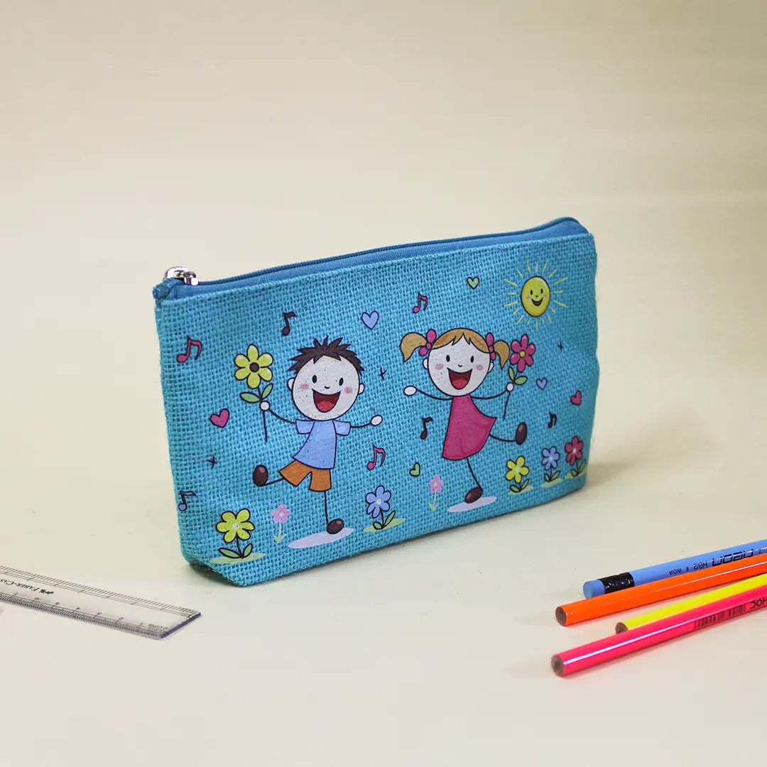 Playful Friends Jute Pencil Pouch