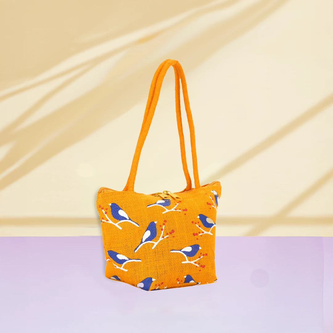 Bird print Mini Wristlet jute bag(D-lock)