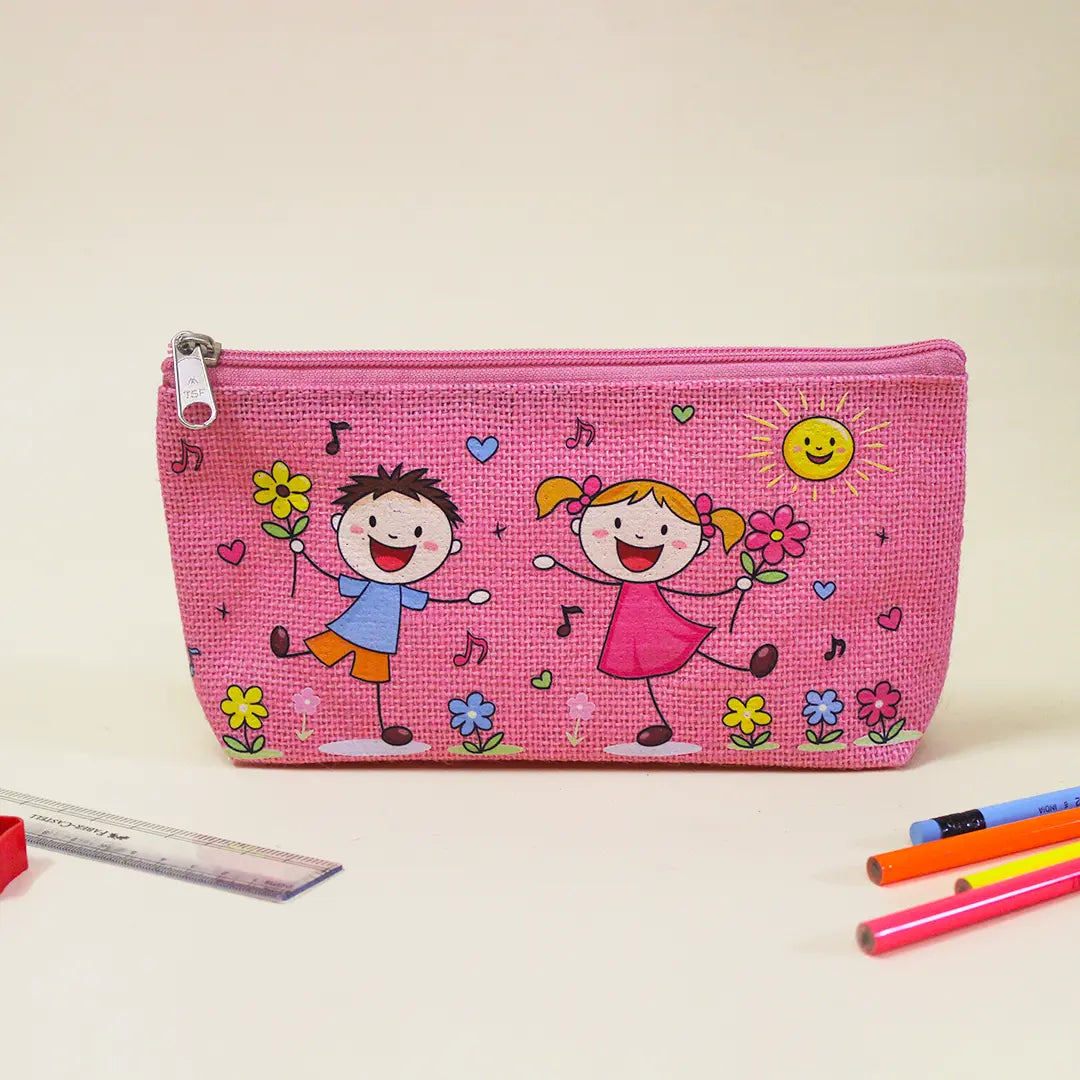 Playful Friends Jute Pencil Pouch