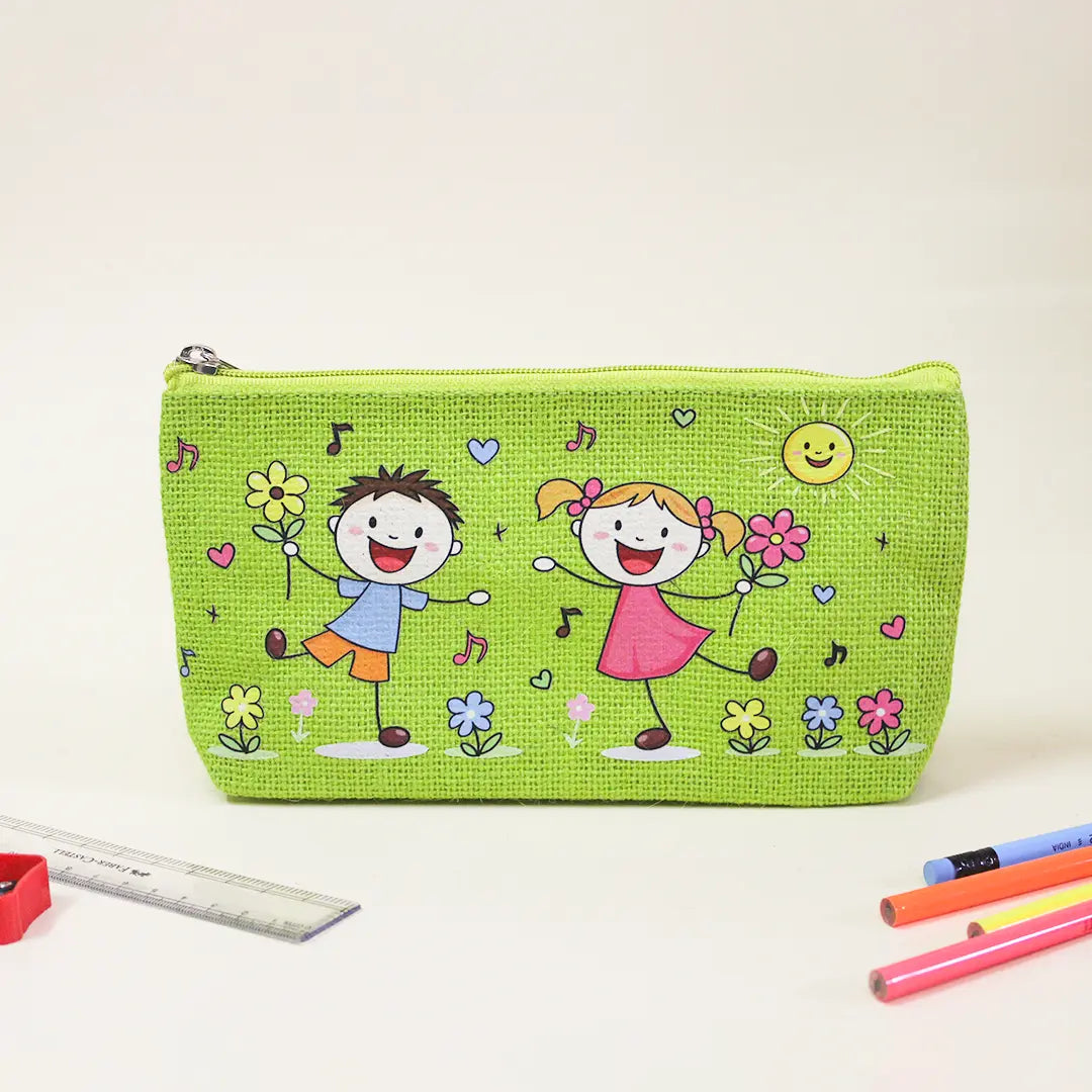 Playful Friends Jute Pencil Pouch