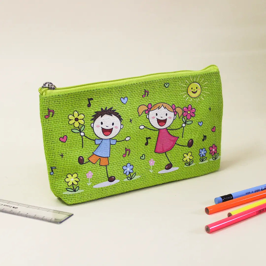 Playful Friends Jute Pencil Pouch