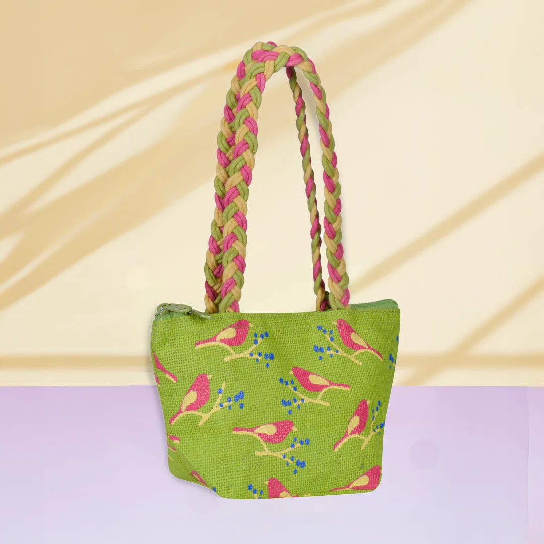 Bird print Mini Wristlet jute bag(D-lock)