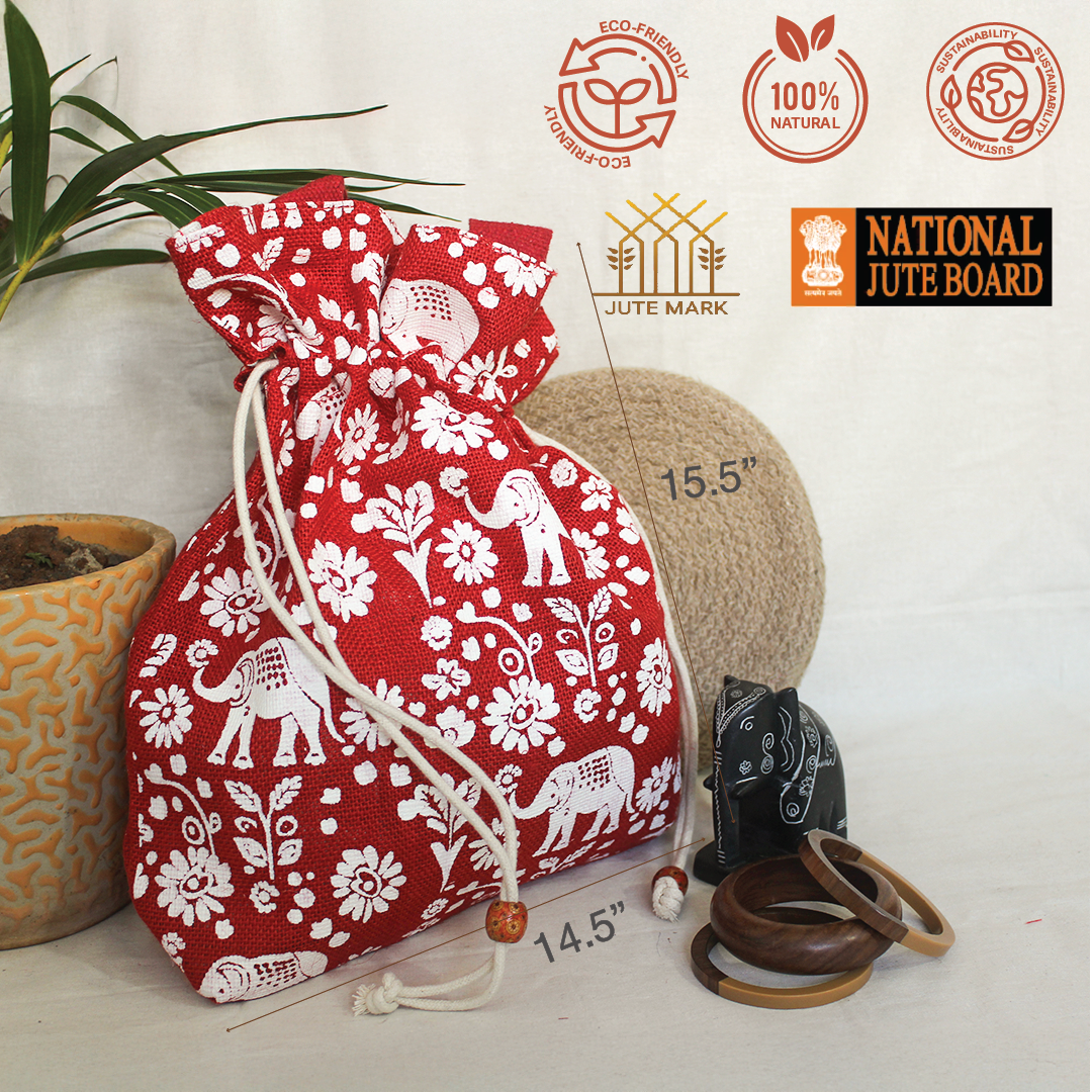 Elephant Print Jute Potli style bag