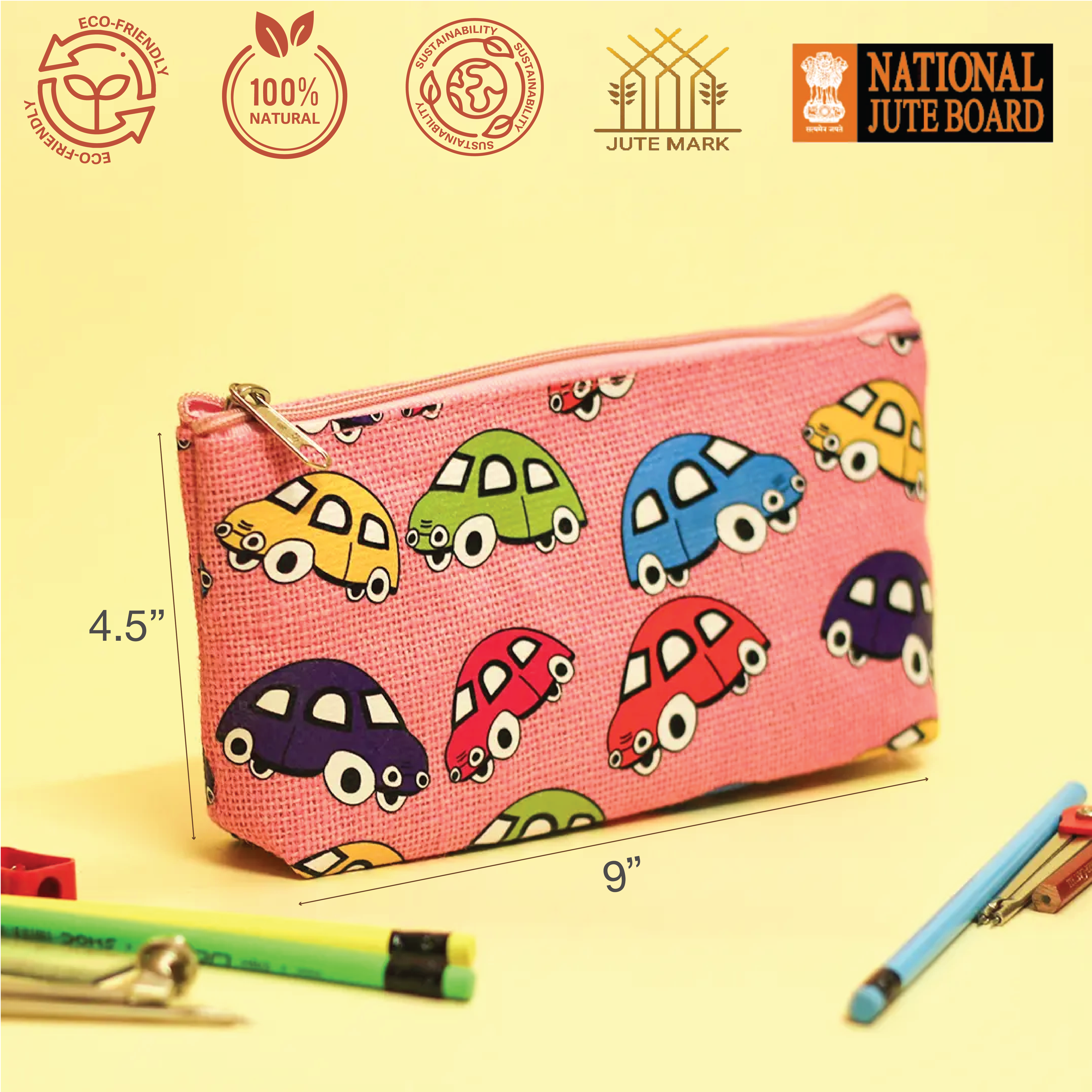 Car Print Single Zip Jute Pouch