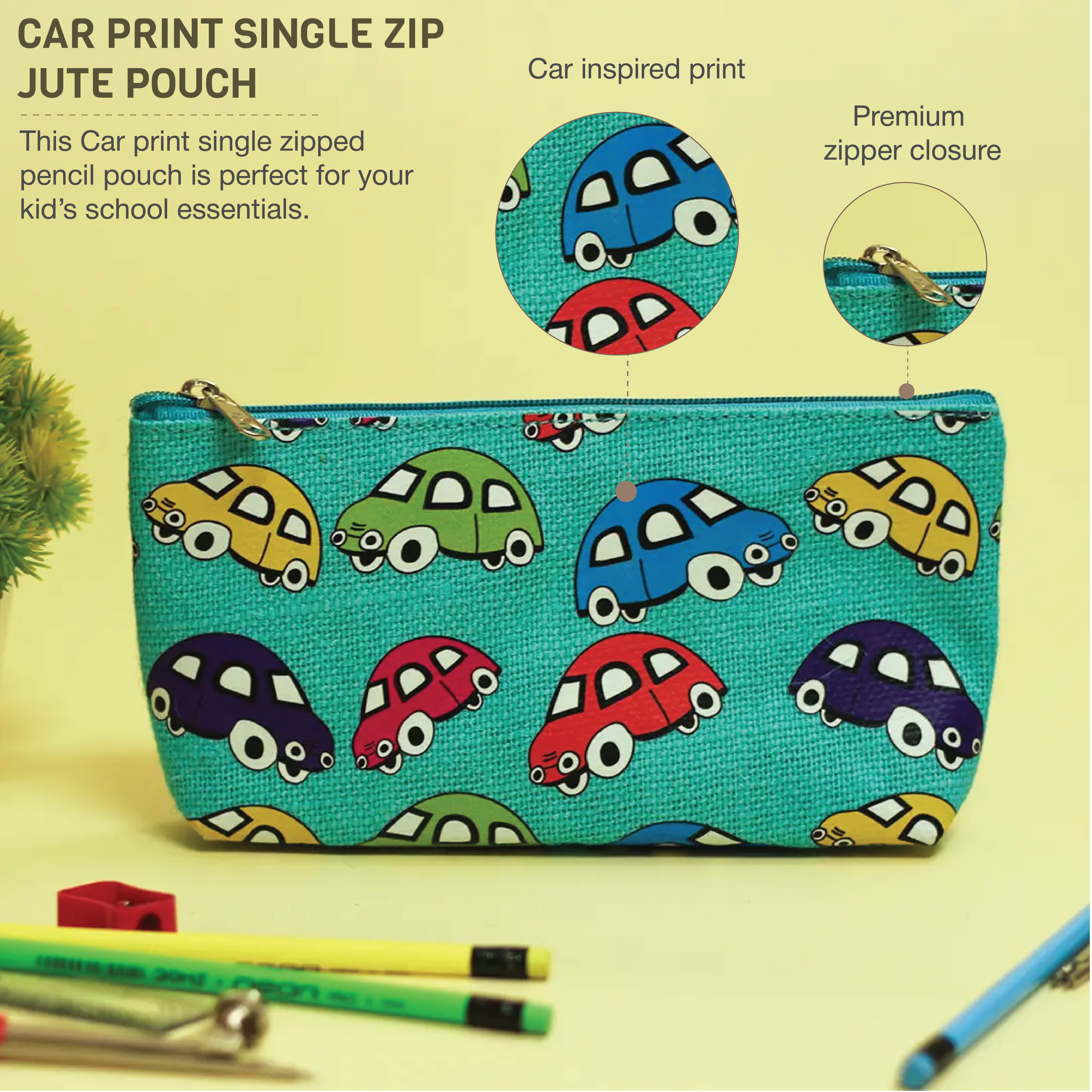 Car Print Single Zip Jute Pouch