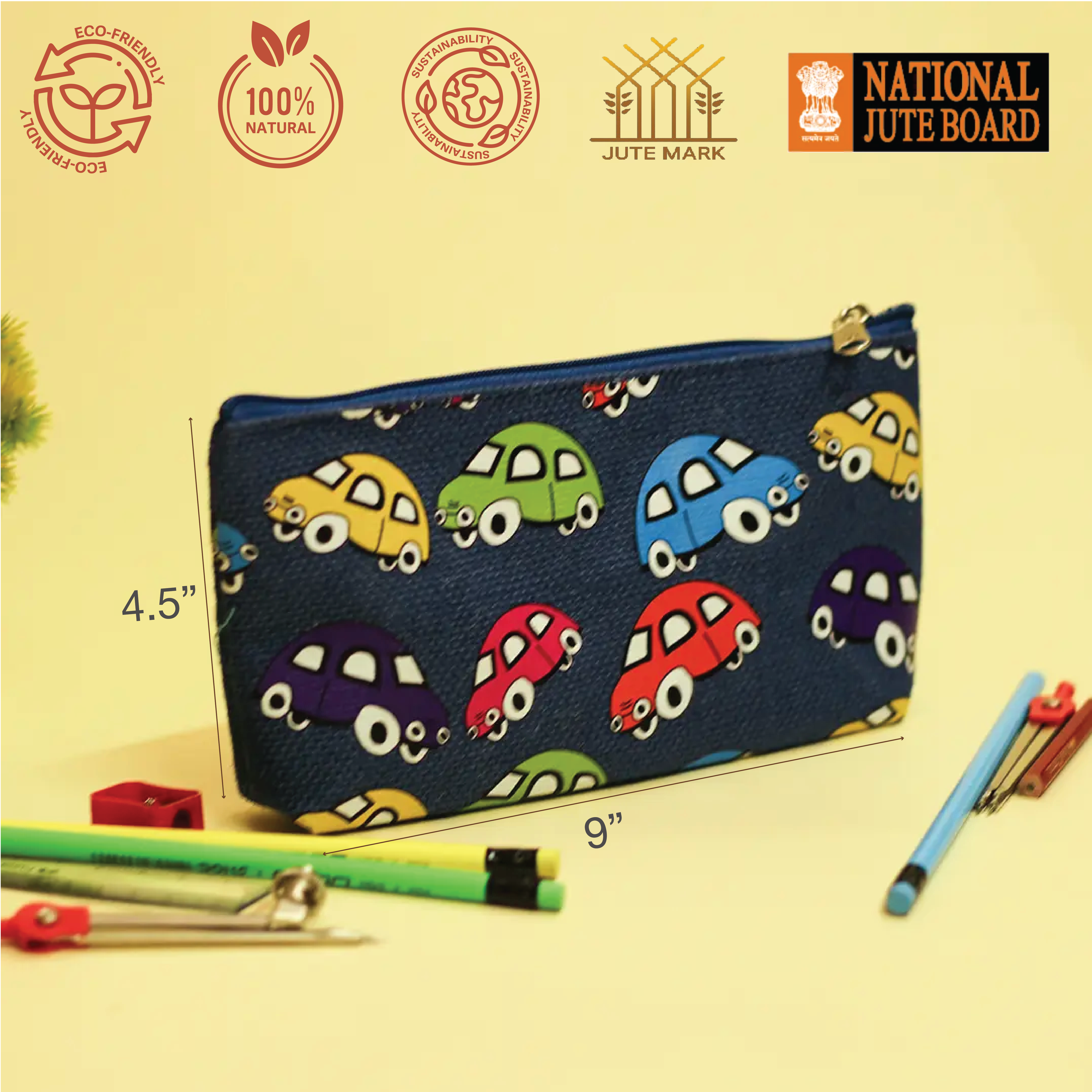 Car Print Single Zip Jute Pouch
