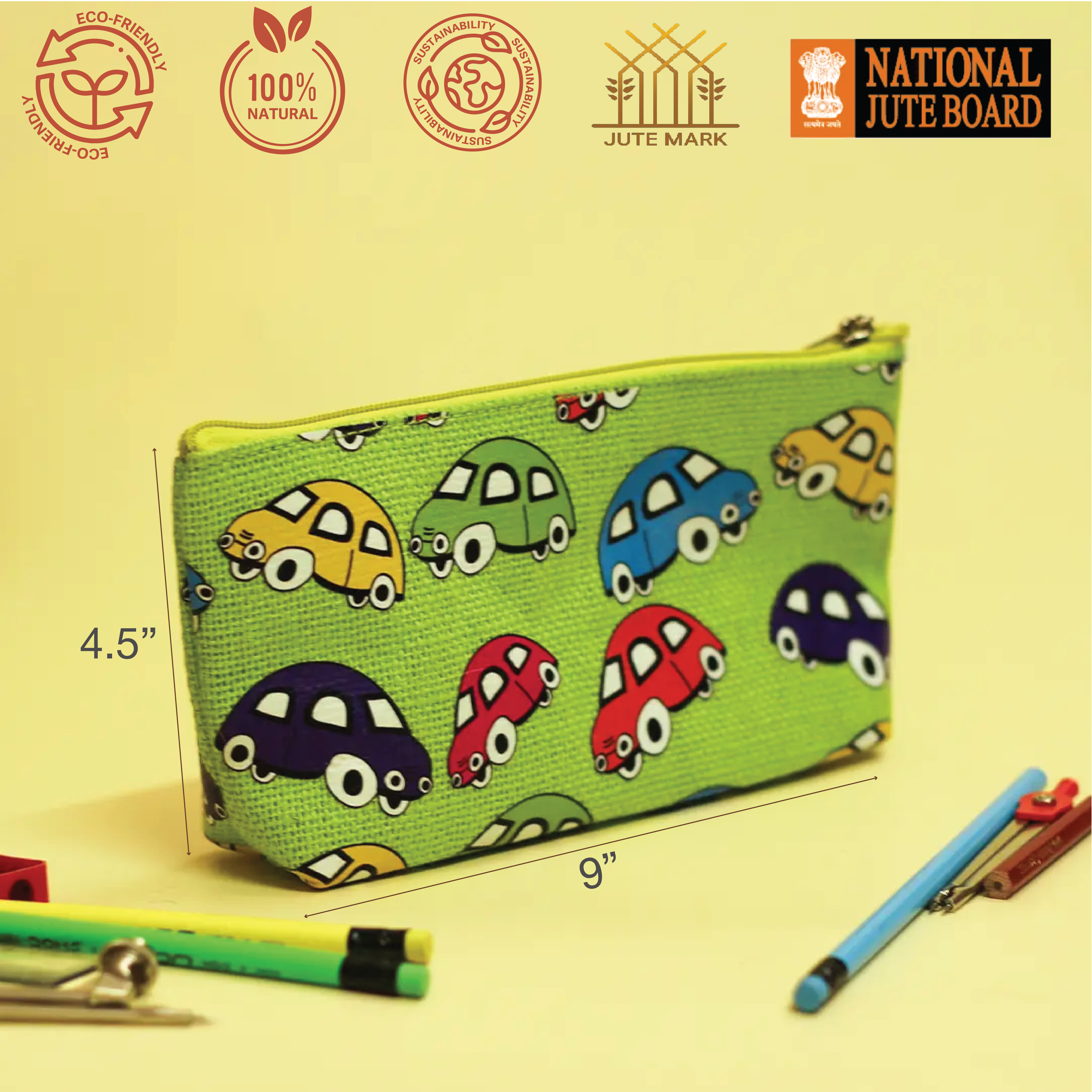 Car Print Single Zip Jute Pouch