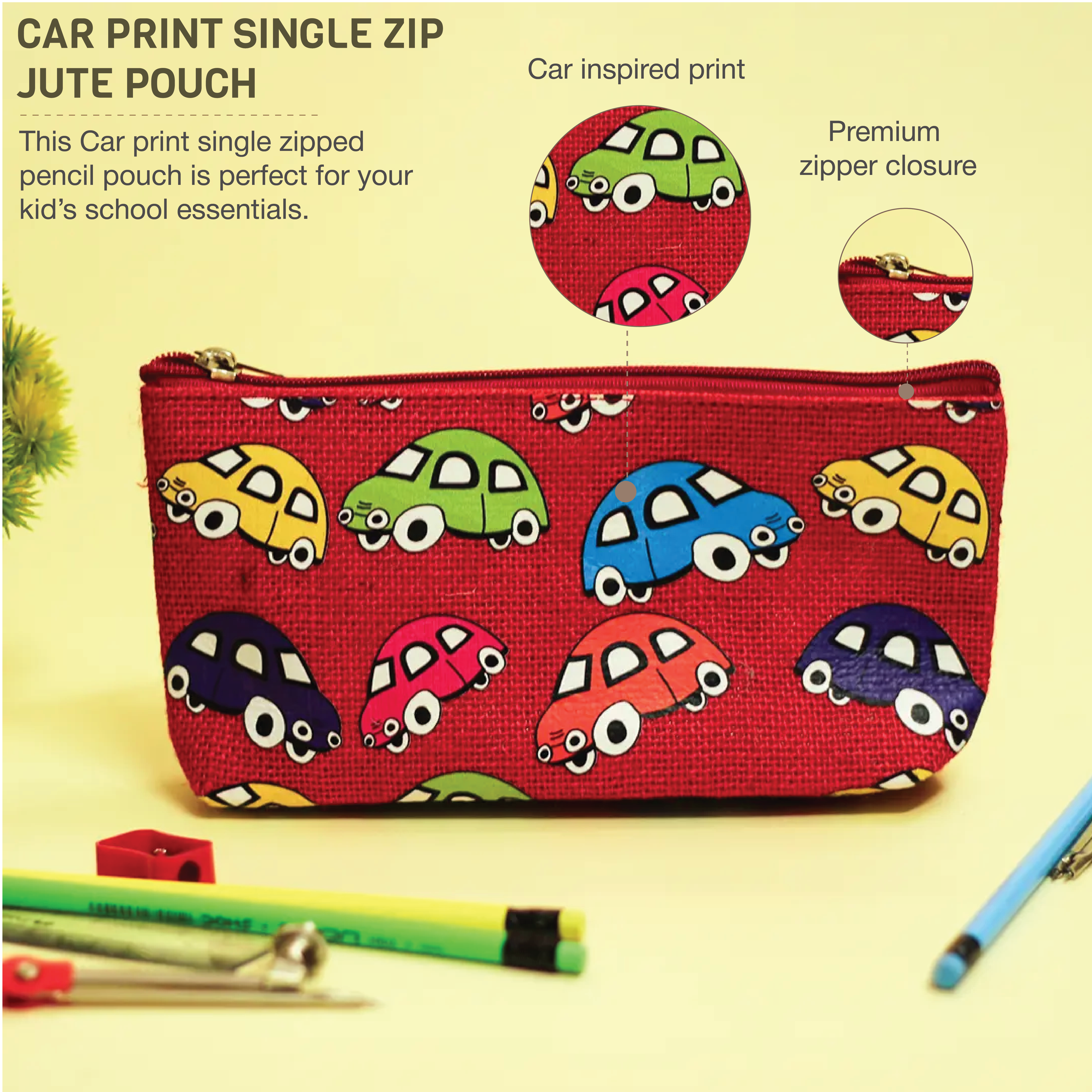 Car Print Single Zip Jute Pouch
