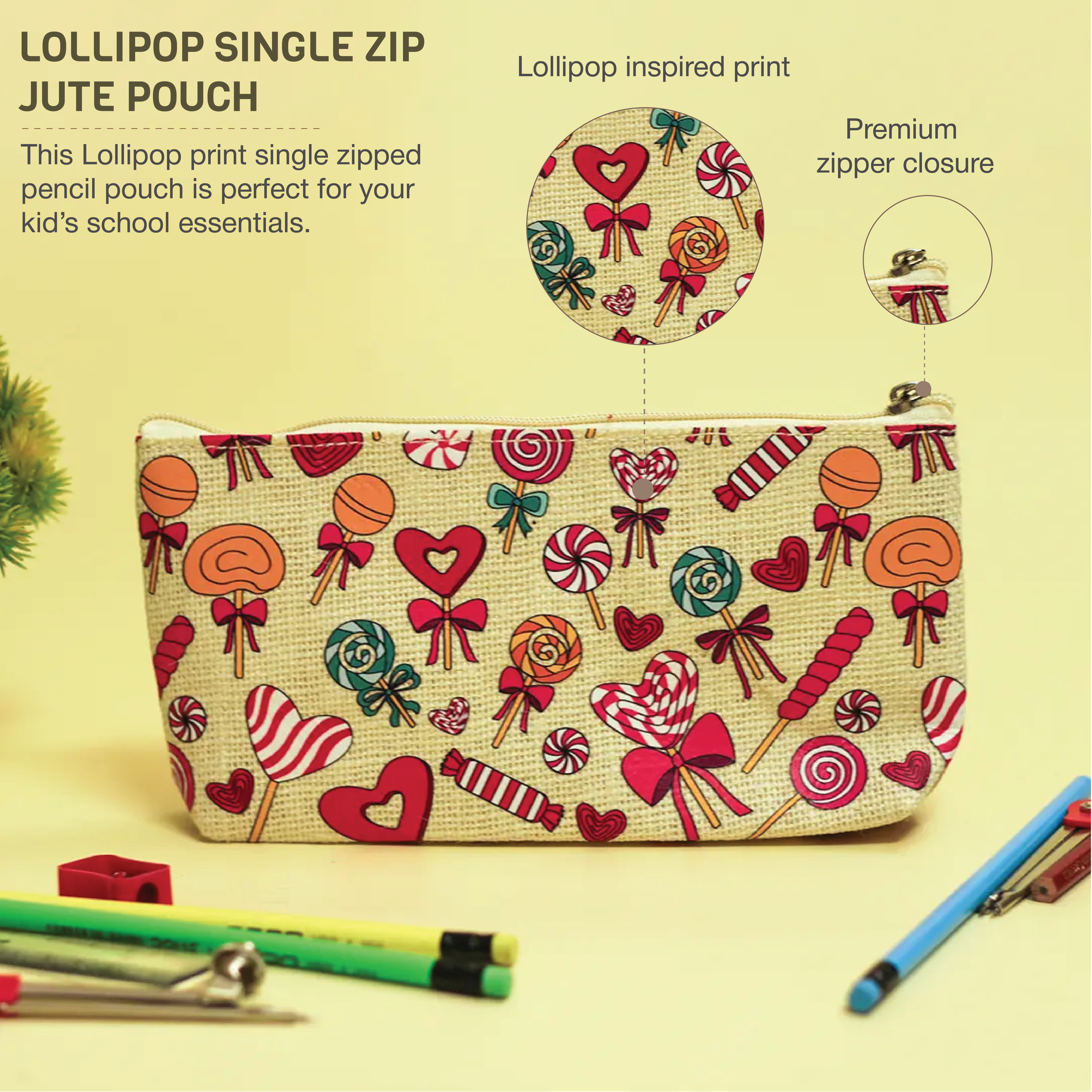 Lollipop Print Single Zip Jute Pouch