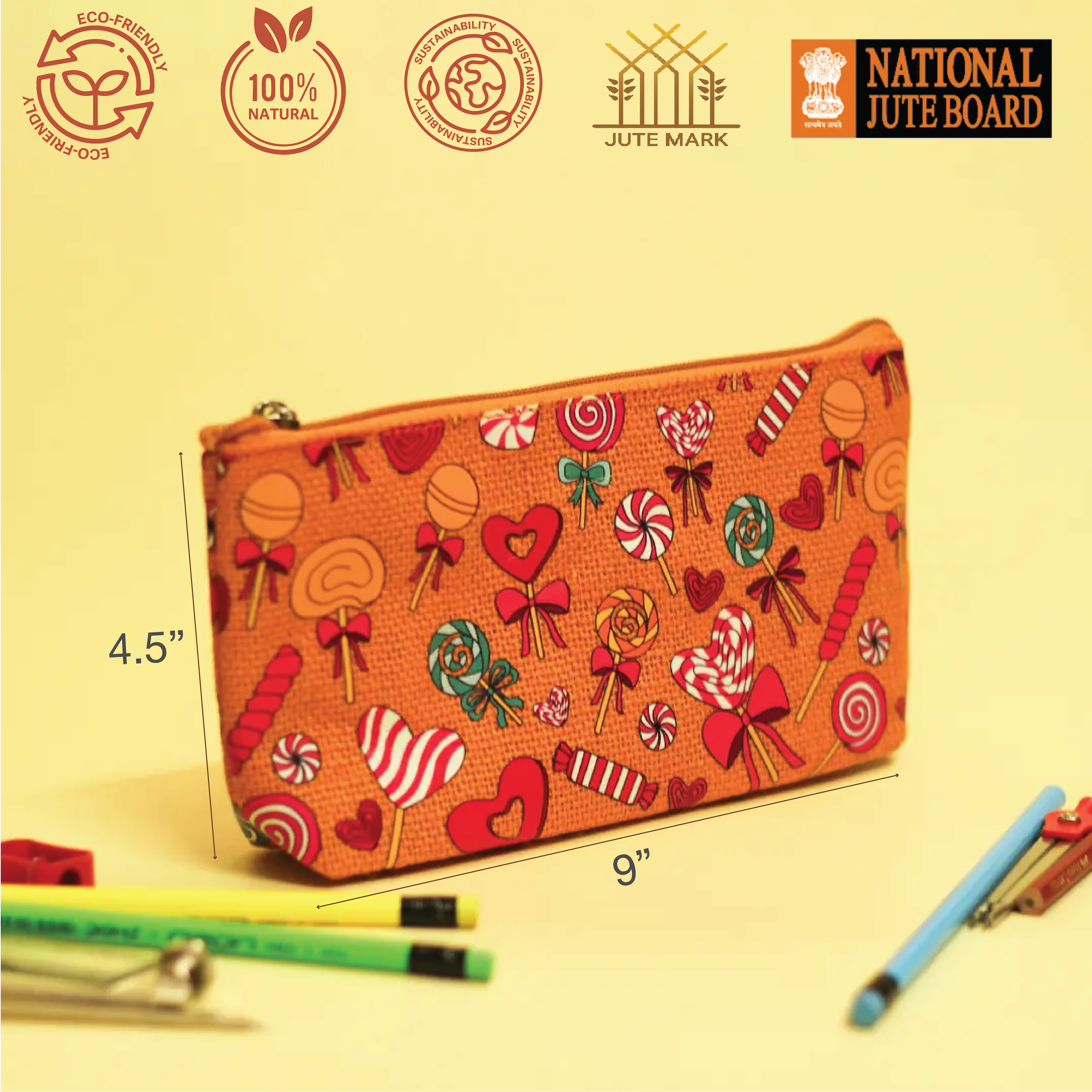 Lollipop Print Single Zip Jute Pouch