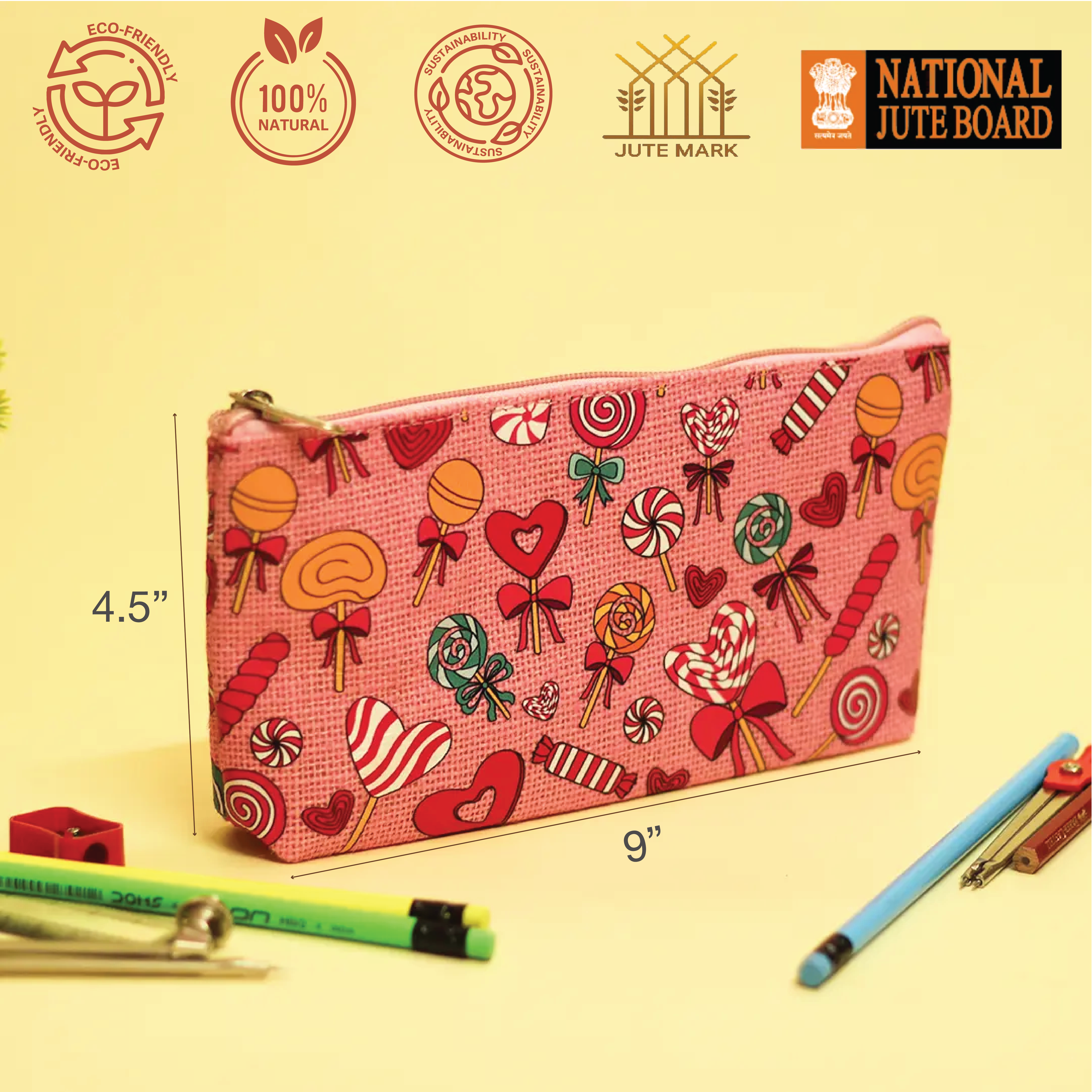 Lollipop Print Single Zip Jute Pouch
