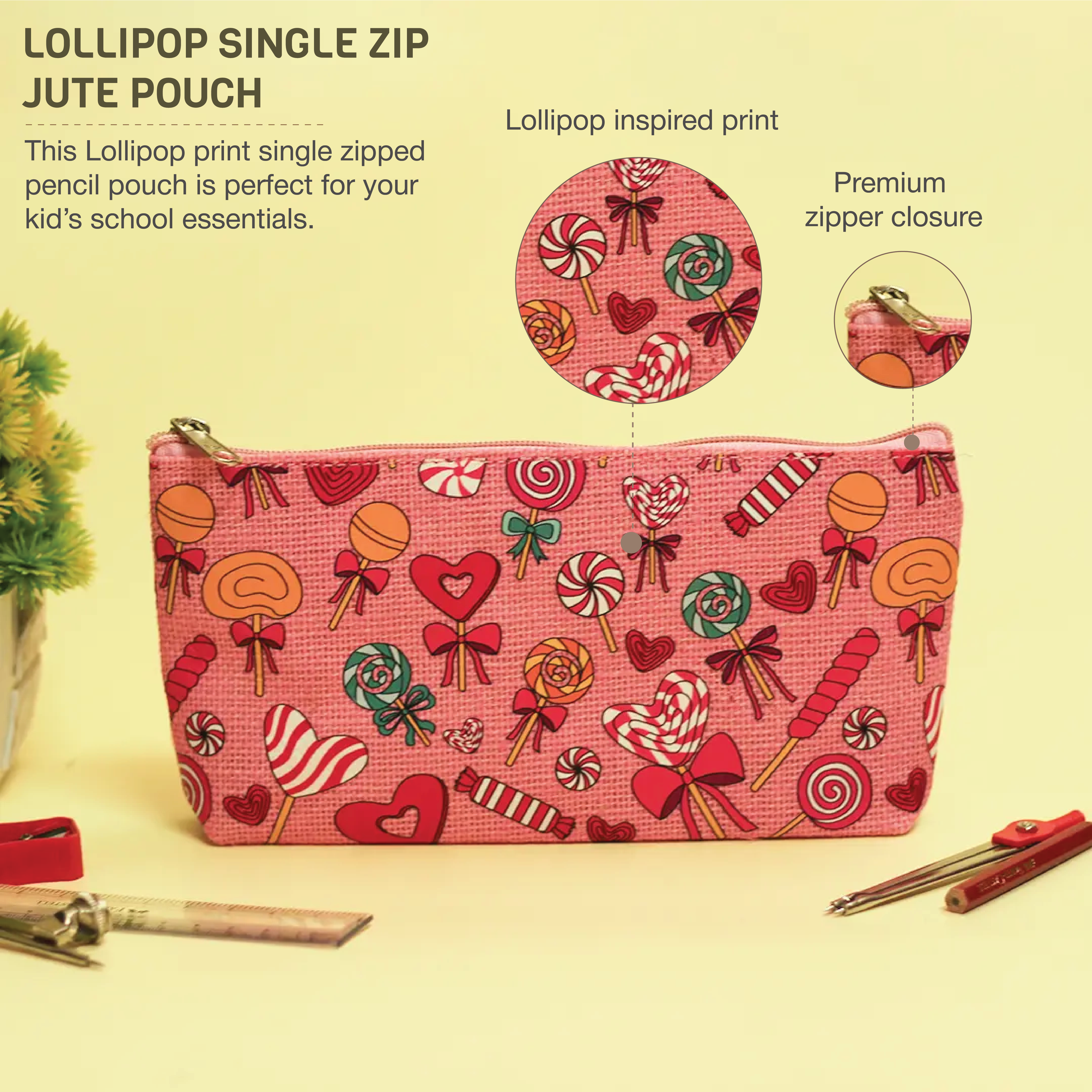 Lollipop Print Single Zip Jute Pouch