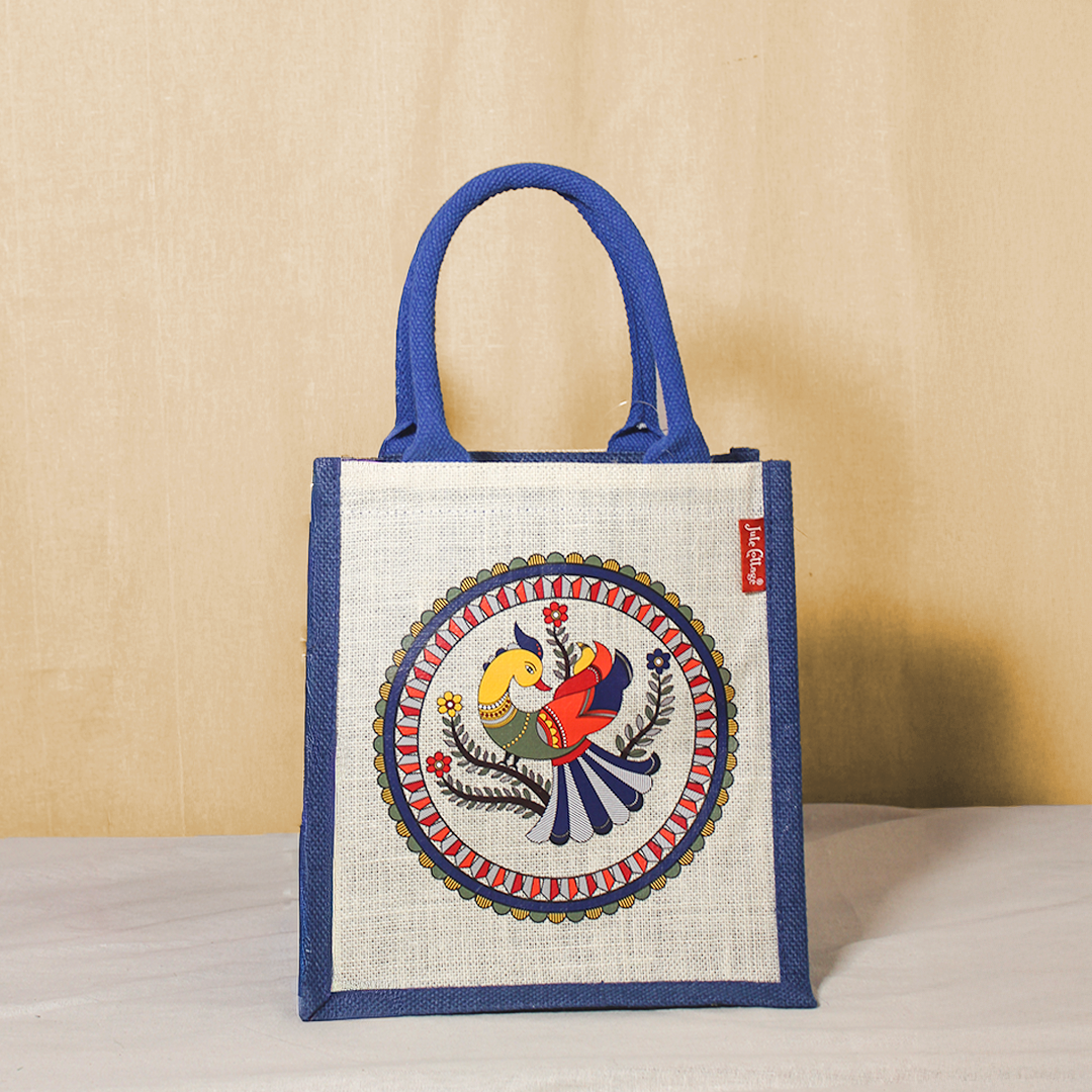 Madhubani Peacock Jute lunch bag