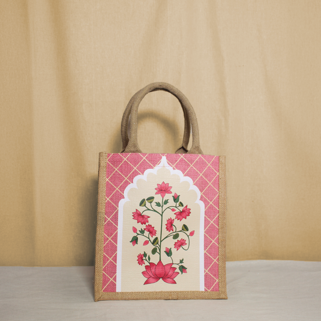 Pichwai Lotus Jharokha Jute Lunch bag