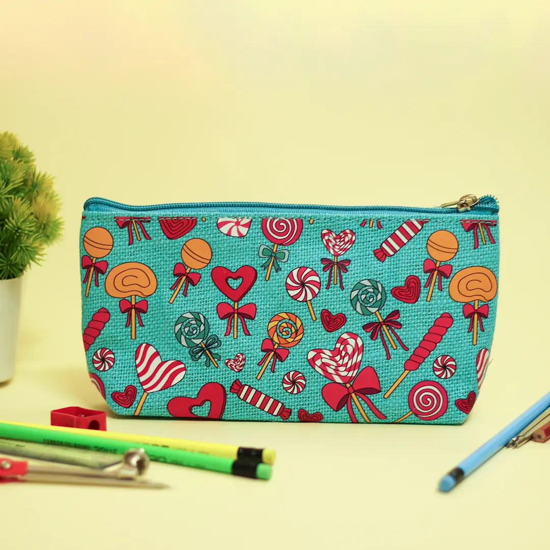Lollipop Print Single Zip Jute Pouch