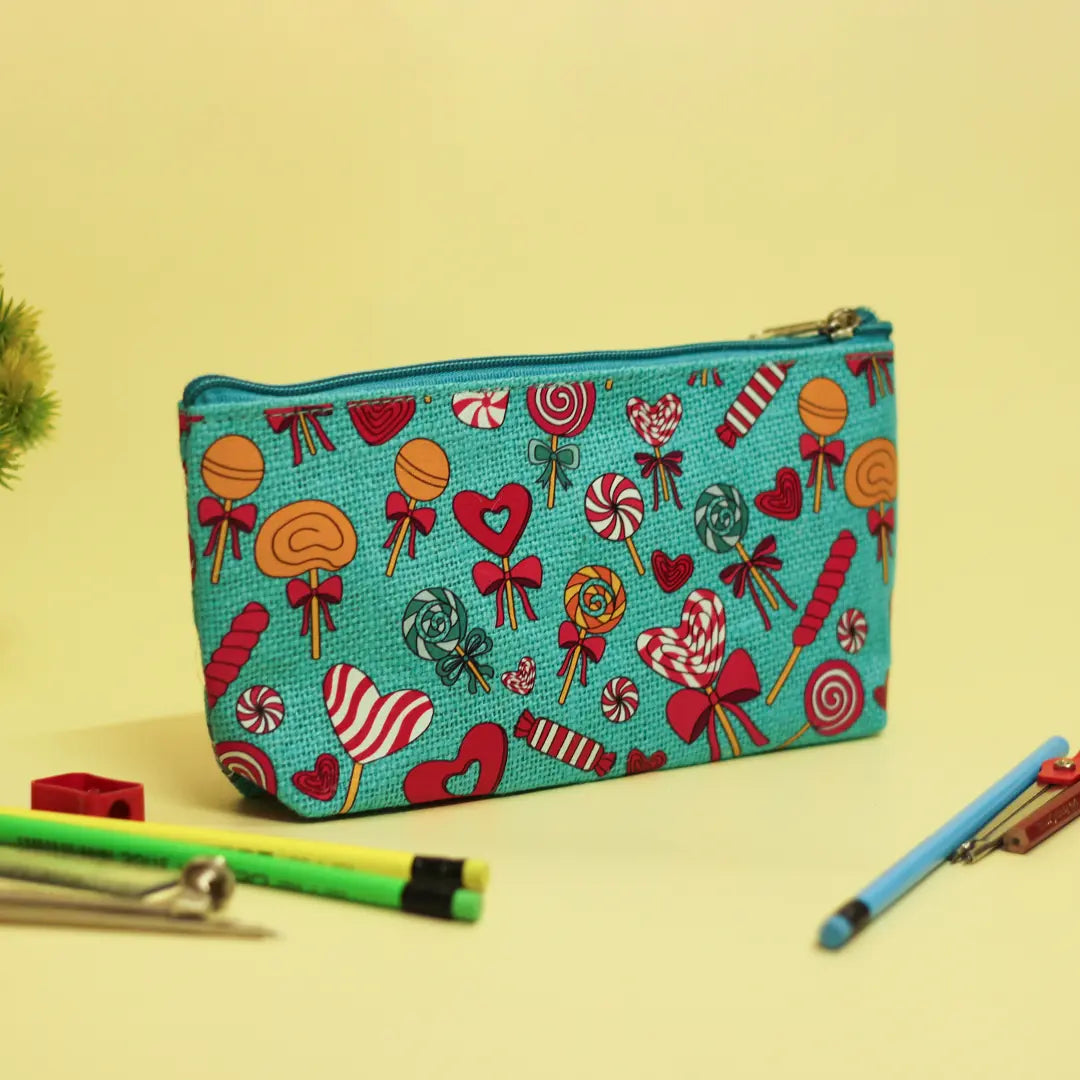 Lollipop Print Single Zip Jute Pouch