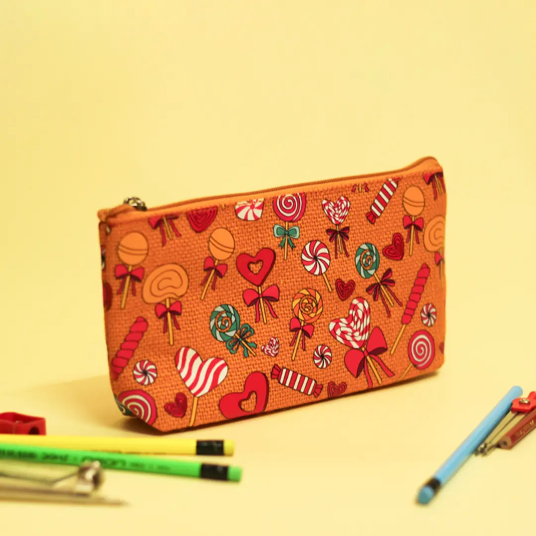 Lollipop Print Single Zip Jute Pouch