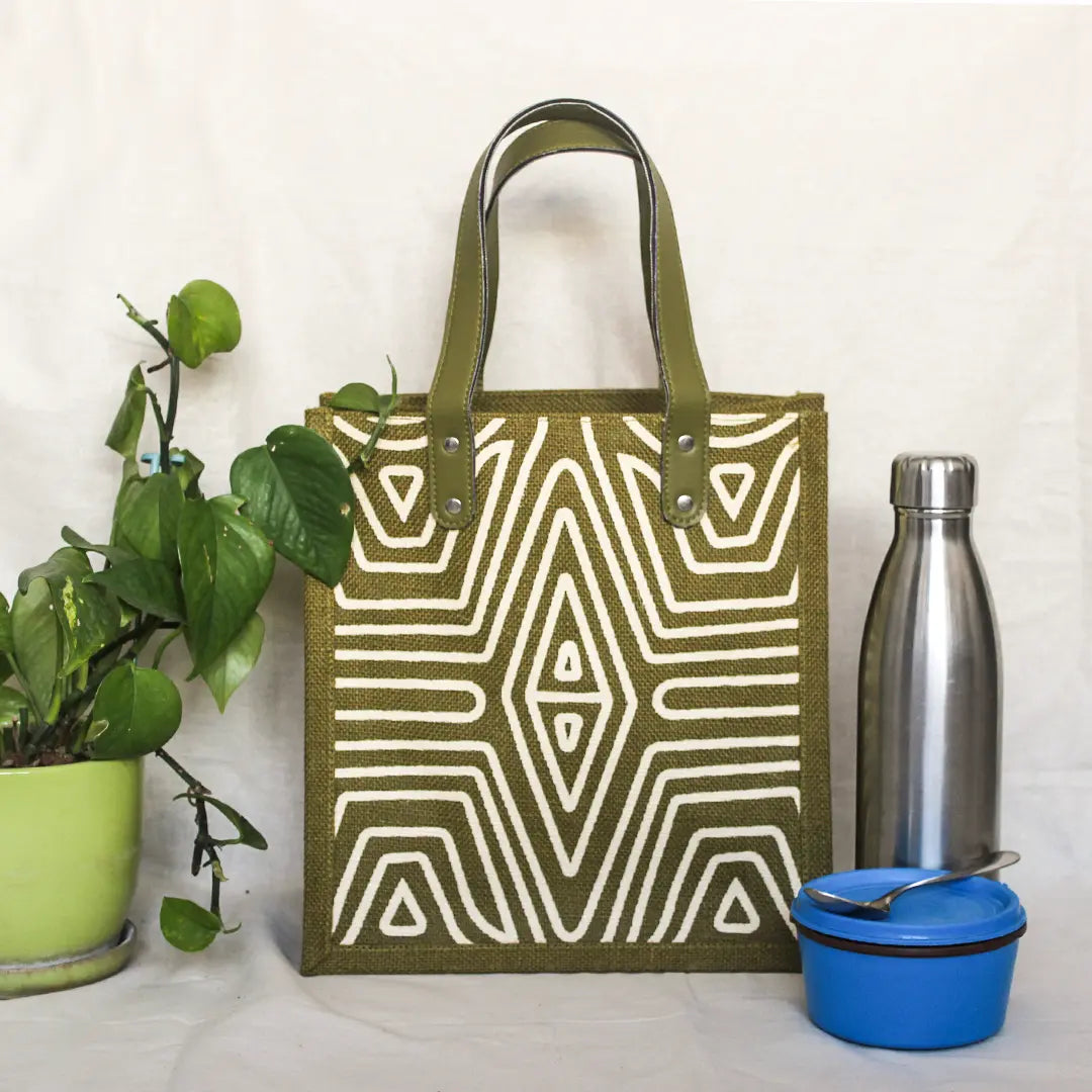 Geometric Lines Jute Lunch bag