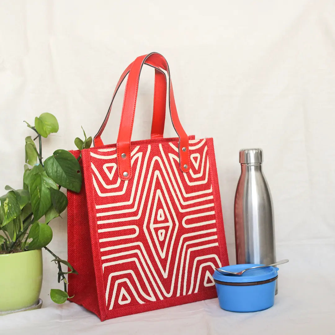Geometric Lines Jute Lunch bag